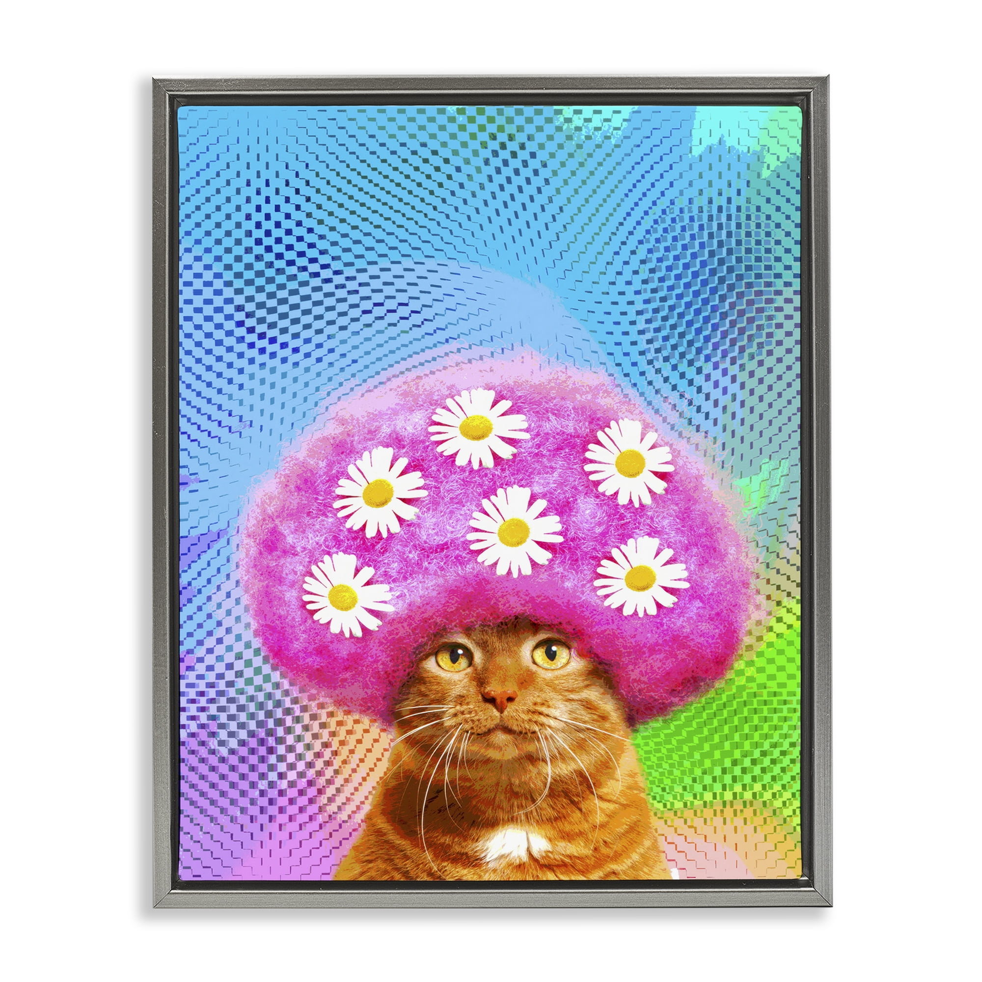 Stupell Industries Groovy Daisy Wig Cat Novelty & Humor Painting Gray Floater Framed Canvas Art Print Wall Art, 17 x 21