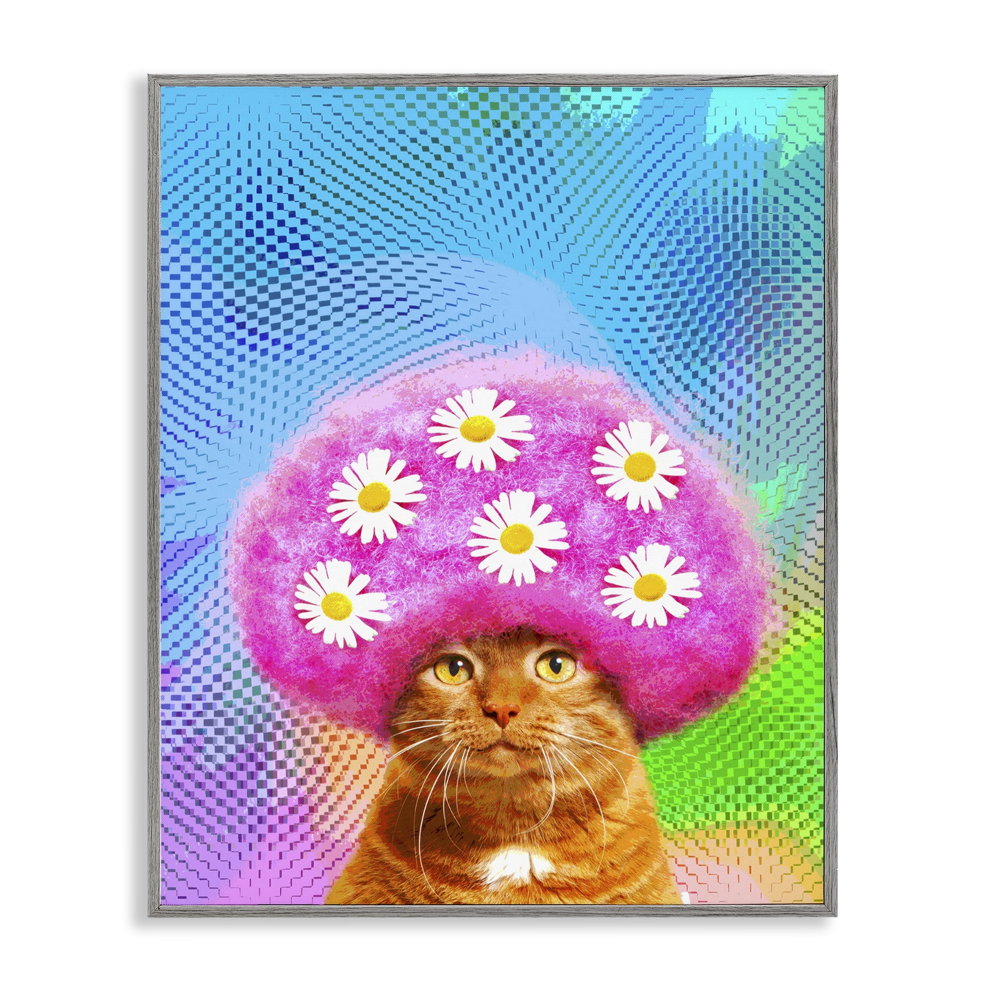 Stupell Industries Groovy Daisy Wig Cat Novelty & Humor Painting Gray Framed Art Print Wall Art, 24 x 30