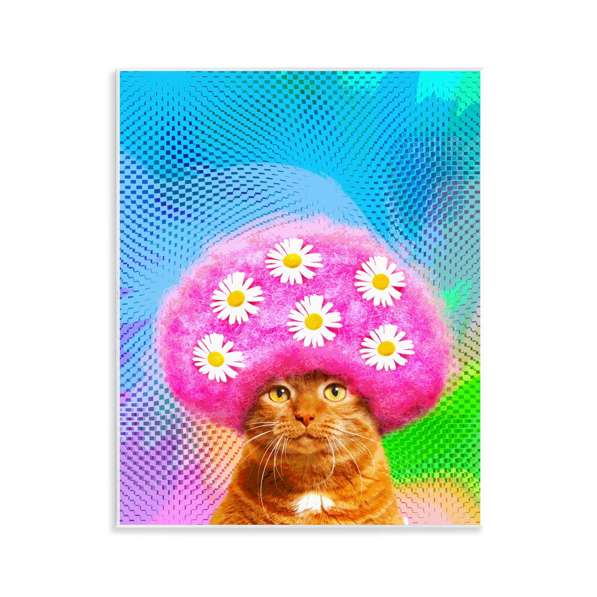 Stupell Industries Groovy Daisy Wig Cat Novelty & Humor Painting Unframed Art Print Wall Art, 11 x 14