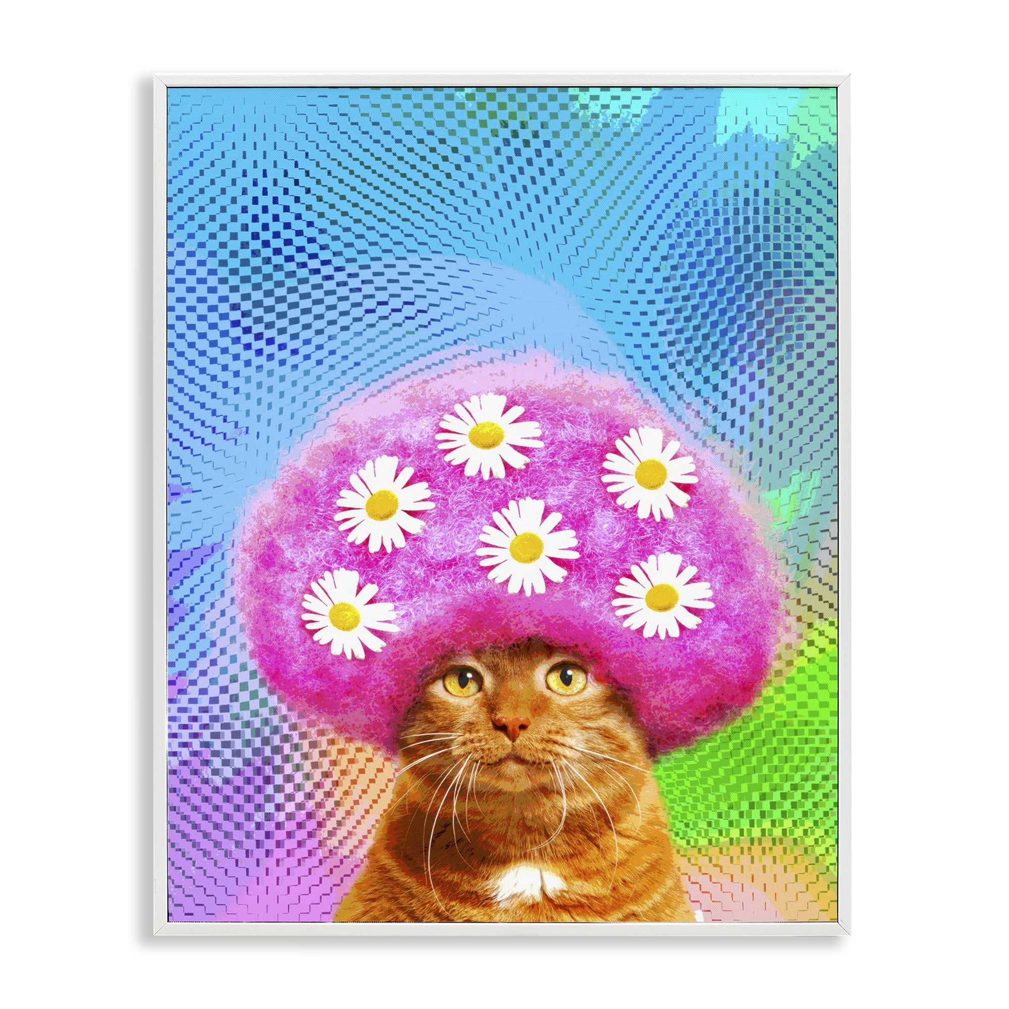 Stupell Industries Groovy Daisy Wig Cat Novelty & Humor Painting White Framed Art Print Wall Art, 16 x 20