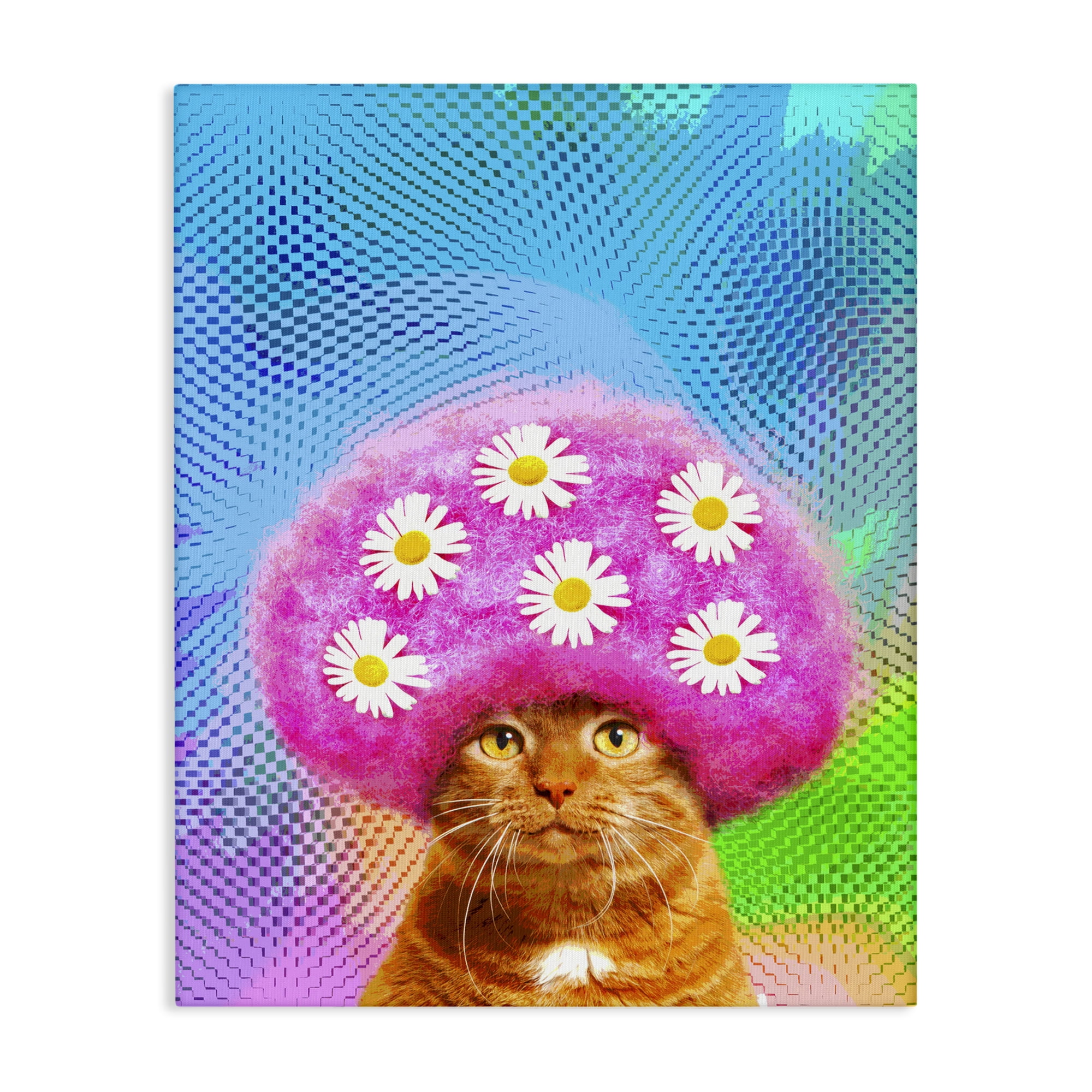 Stupell Industries Groovy Daisy Wig Cat Novelty & Humor Painting Wrapped Canvas Art Print Wall Art, 36 x 48