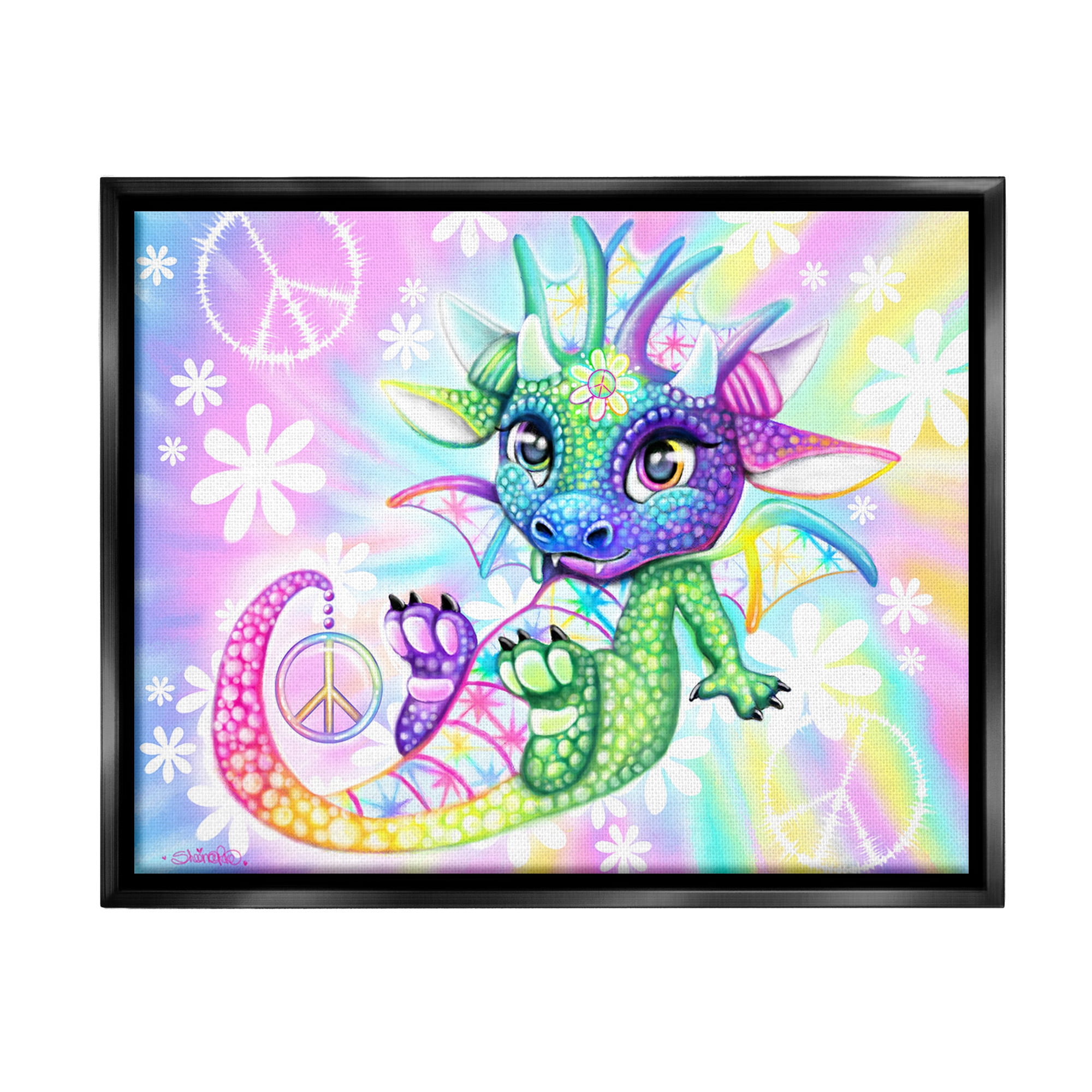 Stupell Industries Groovy Dragon Pattern Fairy Tales & Fantasy Painting Black Floater Framed Canvas Art Print Wall Art, 31 x 25