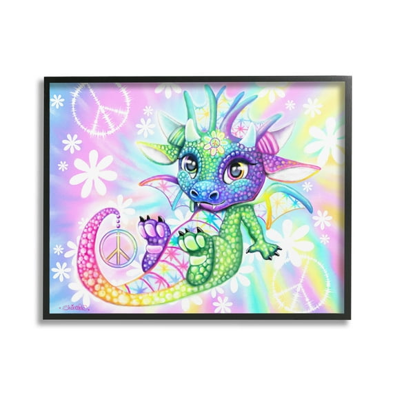 Stupell Industries Groovy Dragon Pattern Fairy Tales & Fantasy Painting Black Framed Art Print Wall Art, 20 x 16