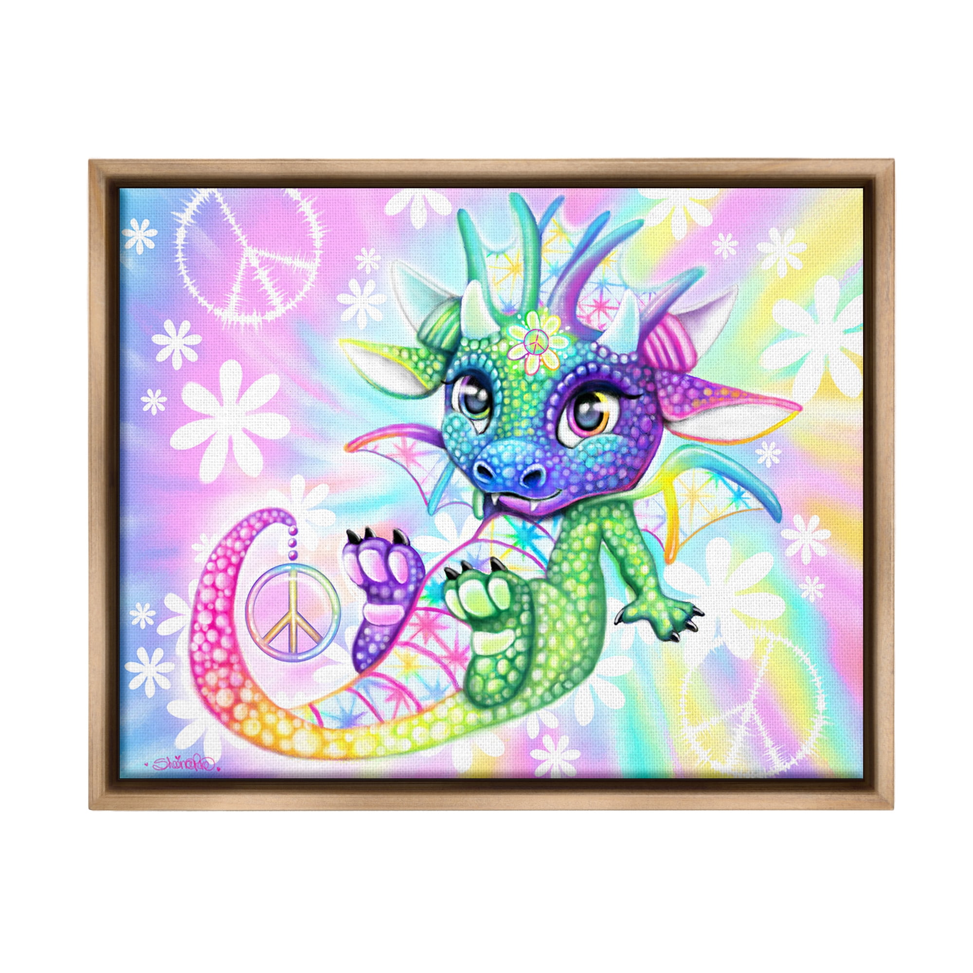 Stupell Industries Groovy Dragon Pattern Fairy Tales & Fantasy Painting Brown Floater Framed Canvas Art Print Wall Art, 21 x 17