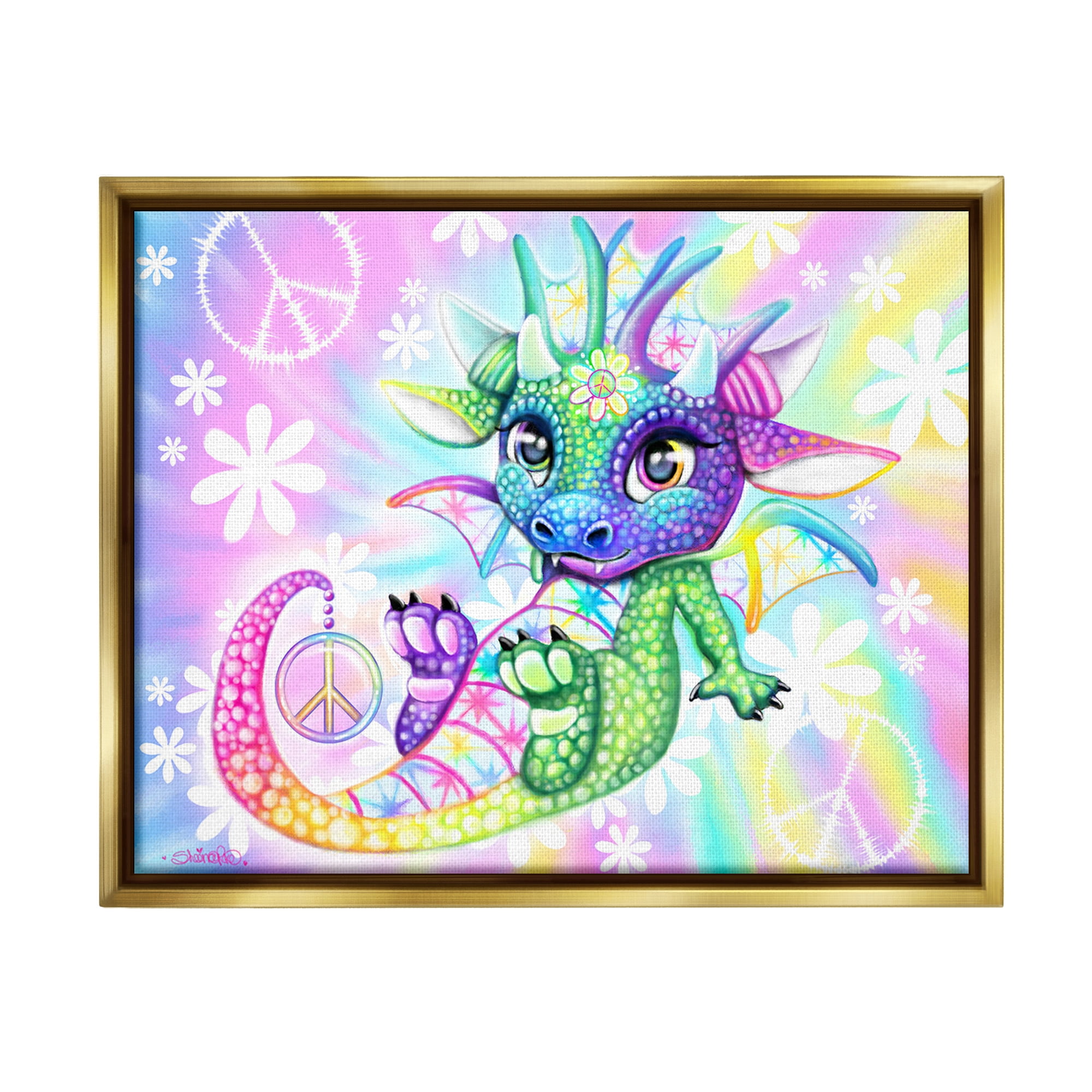 Stupell Industries Groovy Dragon Pattern Fairy Tales & Fantasy Painting Gold Floater Framed Canvas Art Print Wall Art, 31 x 25