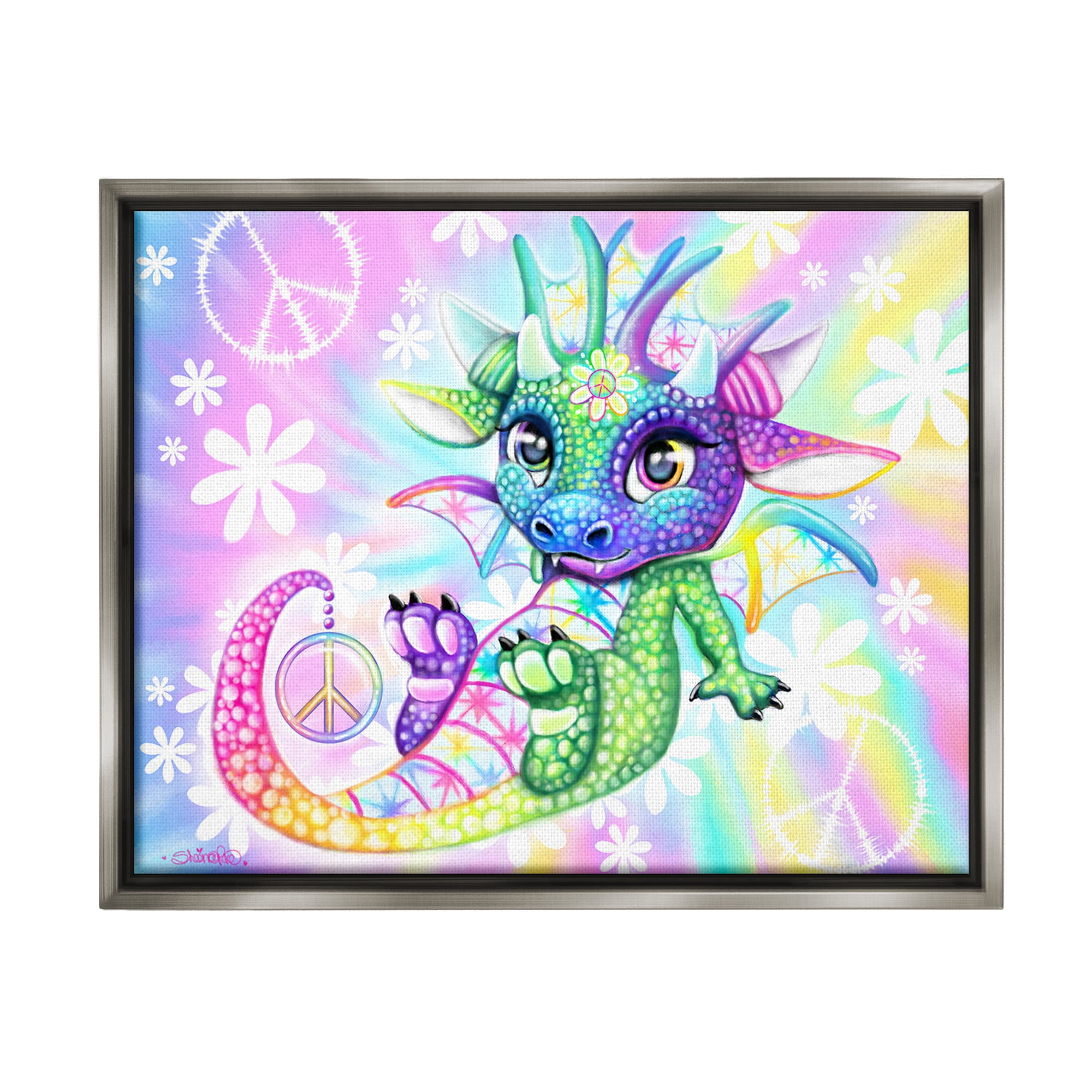 Stupell Industries Groovy Dragon Pattern Fairy Tales & Fantasy Painting Gray Floater Framed Canvas Art Print Wall Art, 21 x 17