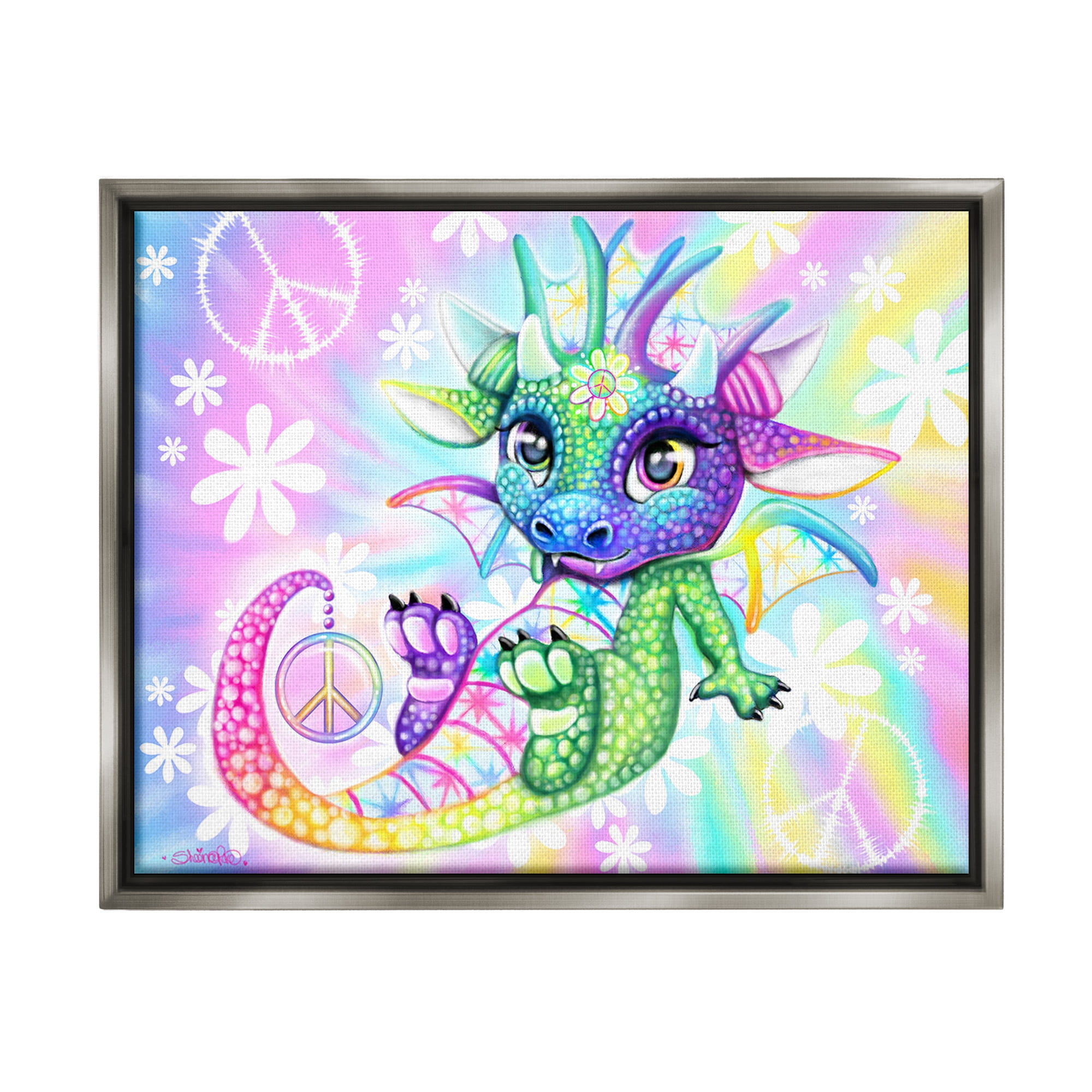 Stupell Industries Groovy Dragon Pattern Fairy Tales & Fantasy Painting Gray Floater Framed Canvas Art Print Wall Art, 31 x 25