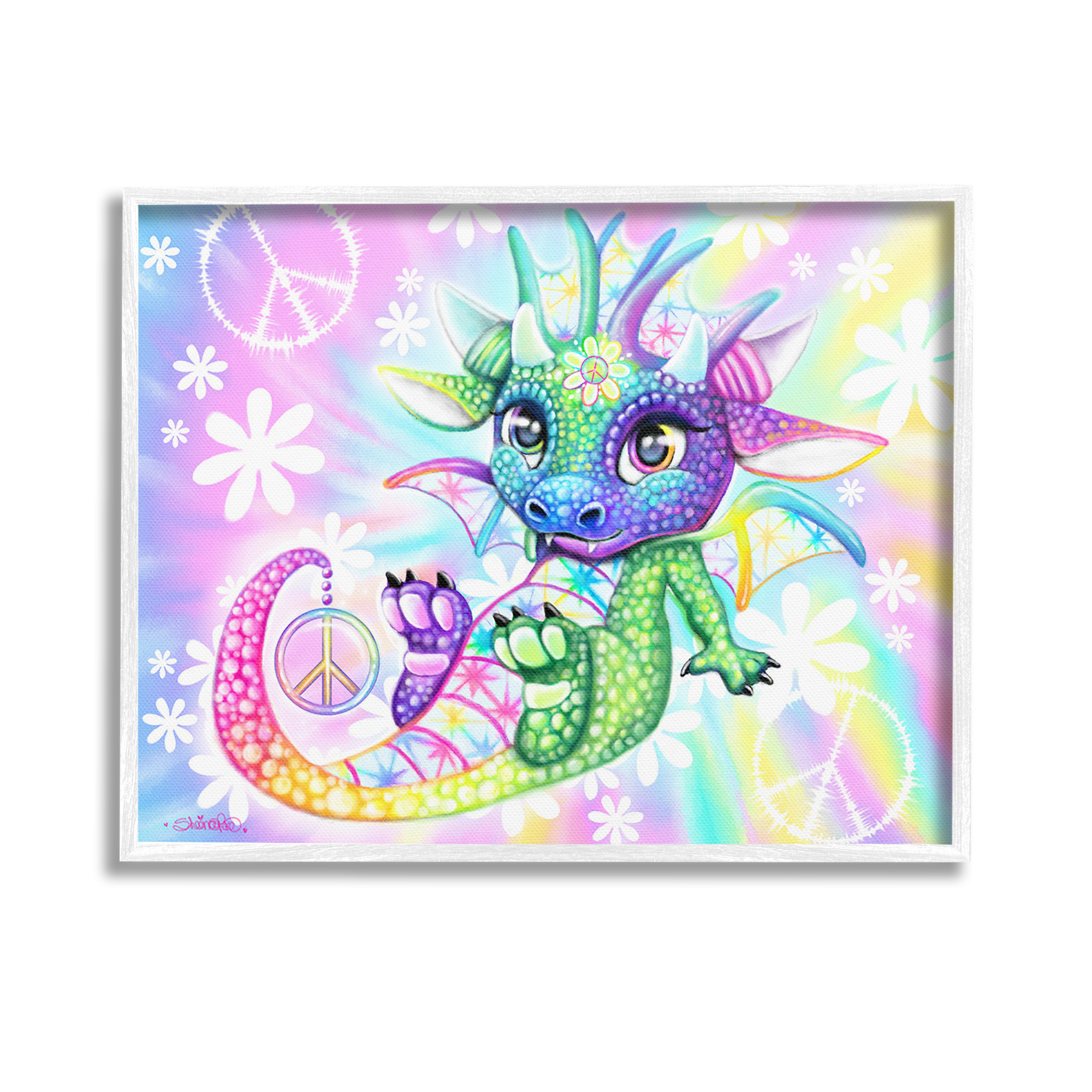 Stupell Industries Groovy Dragon Pattern Fairy Tales & Fantasy Painting White Framed Art Print Wall Art, 14 x 11