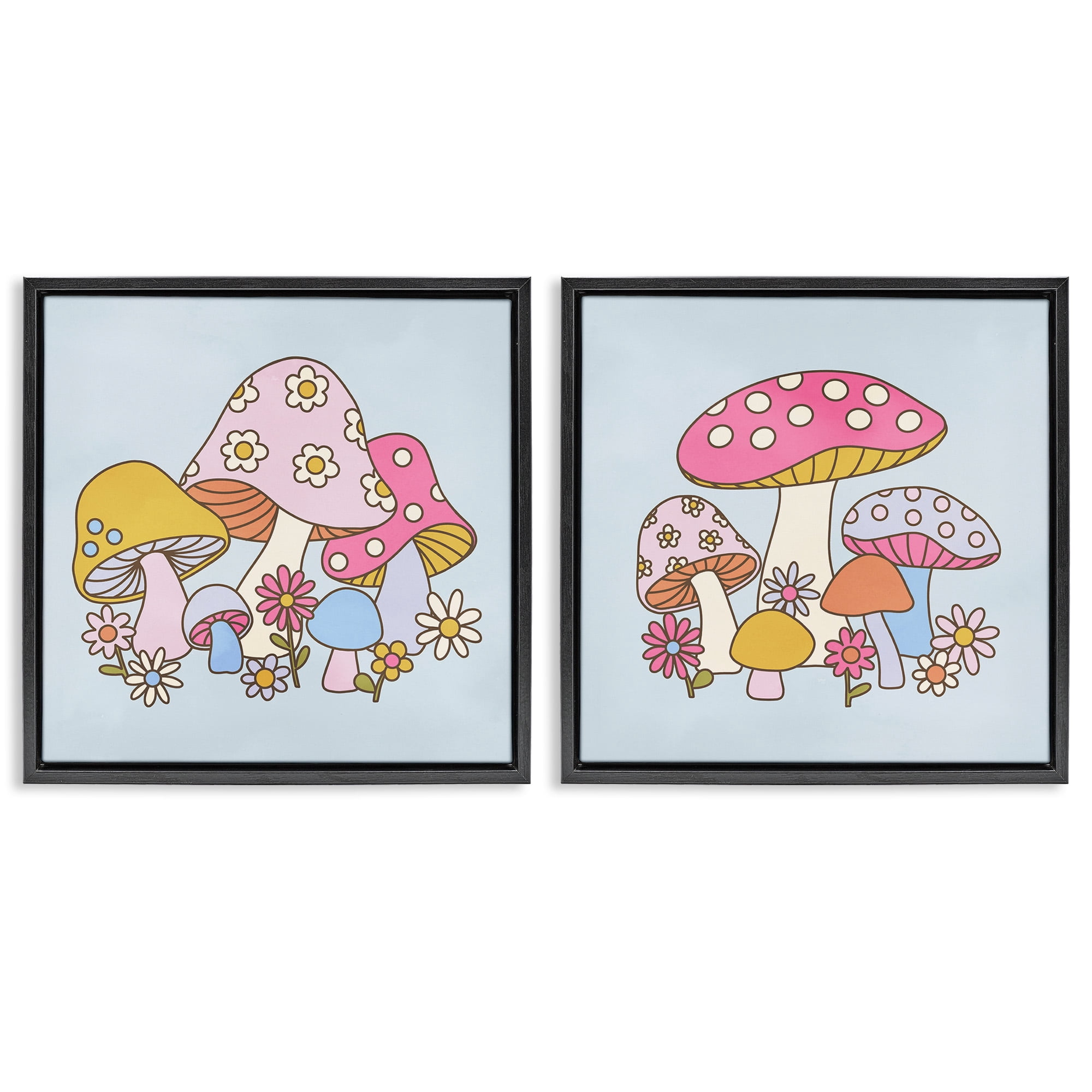 Stupell Industries Groovy Floral Mushrooms Botanical & Floral Painting Black Floater Framed Canvas Art Print Wall Art, 25 x 25, Set of 2