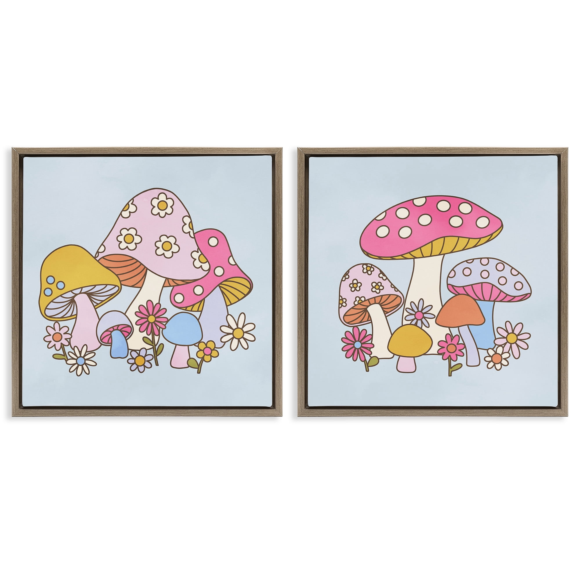 Stupell Industries Groovy Floral Mushrooms Botanical & Floral Painting Brown Floater Framed Canvas Art Print Wall Art, 25 x 25, Set of 2