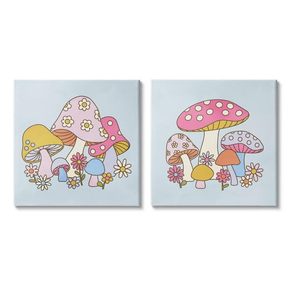Stupell Industries Groovy Floral Mushrooms Botanical & Floral Painting Gallery Wrapped Canvas Art Print Wall Art, 24 x 24, Set of 2