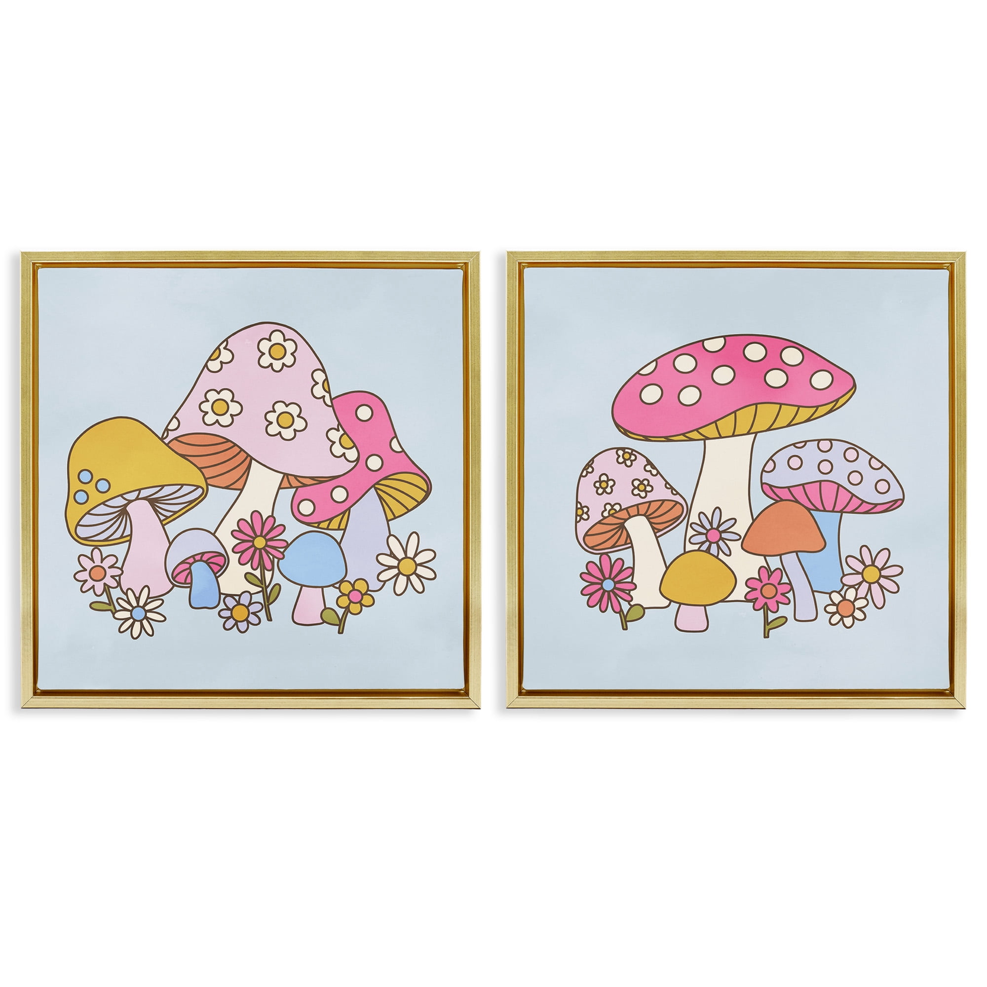Stupell Industries Groovy Floral Mushrooms Botanical & Floral Painting Gold Floater Framed Canvas Art Print Wall Art, 18 x 18, Set of 2