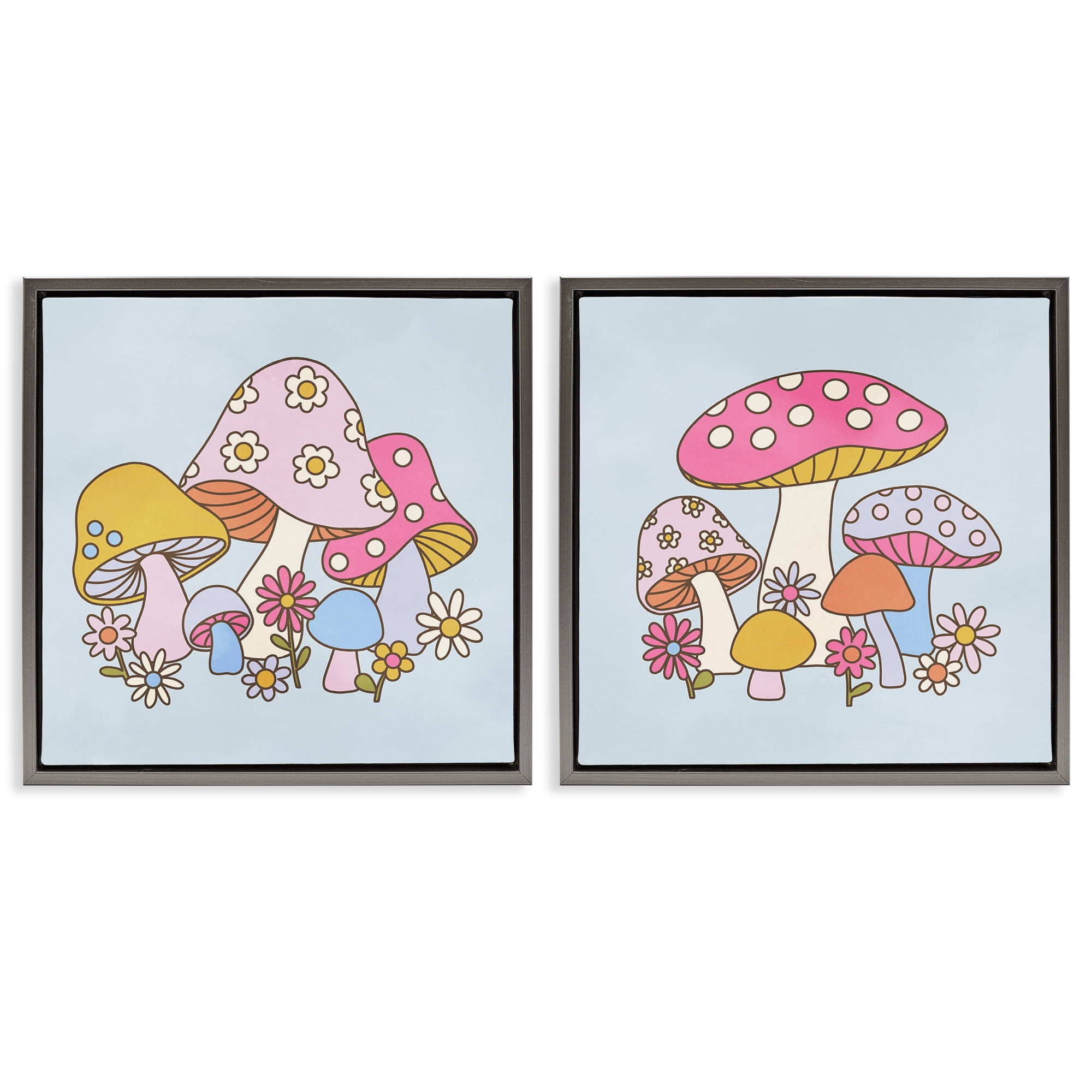 Stupell Industries Groovy Floral Mushrooms Botanical & Floral Painting Gray Floater Framed Canvas Art Print Wall Art, 25 x 25, Set of 2
