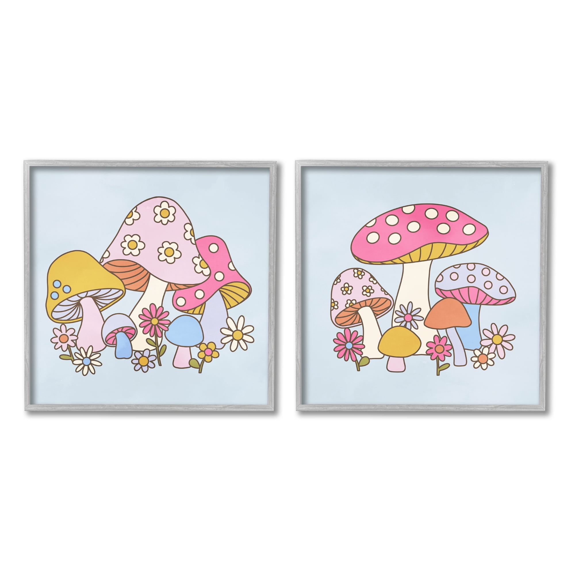 Stupell Industries Groovy Floral Mushrooms Botanical & Floral Painting Gray Framed Art Print Wall Art, 24 x 24, Set of 2