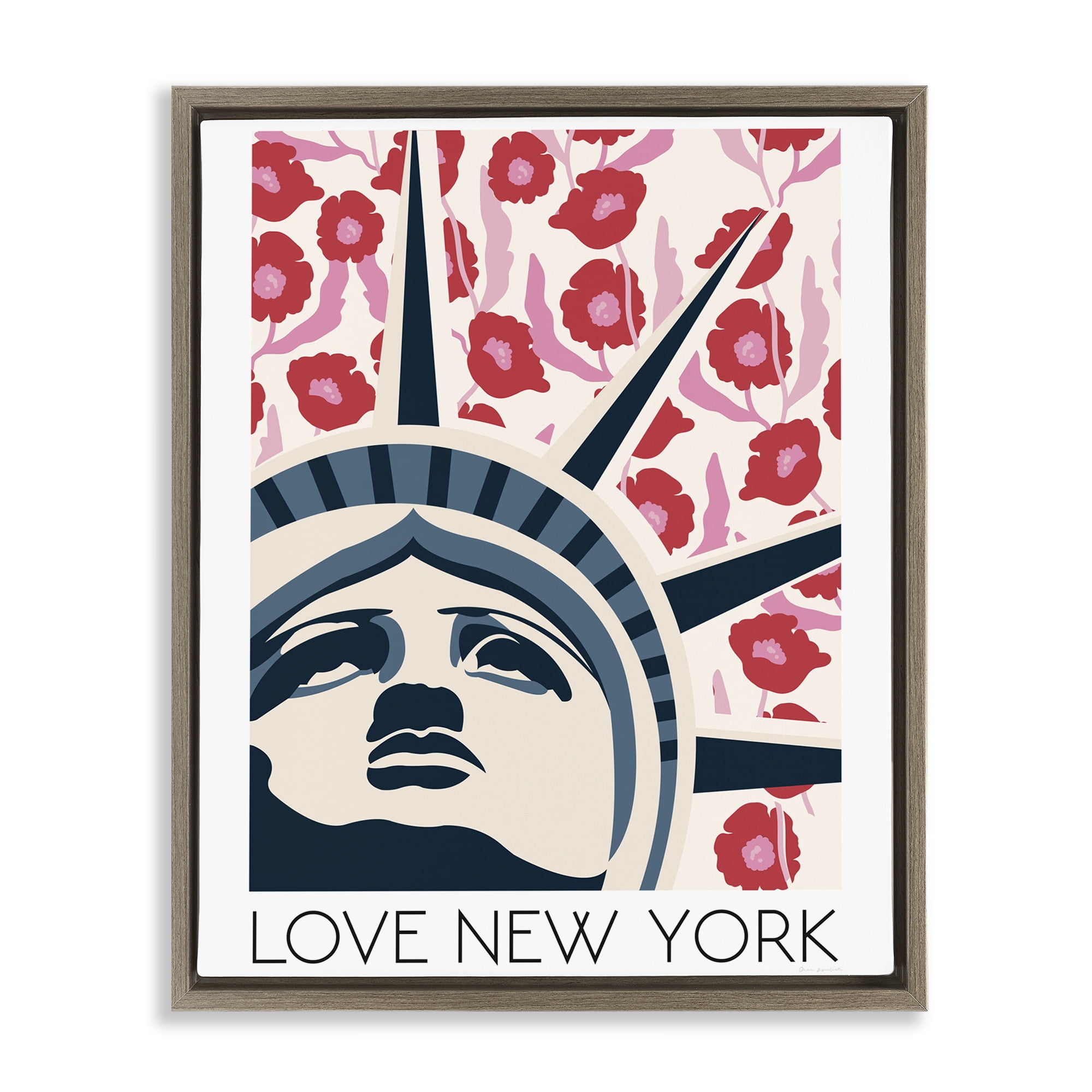 Stupell Industries Groovy Florals Love New York Brown Framed Floater Canvas Wall Art, design by Omar Escalante