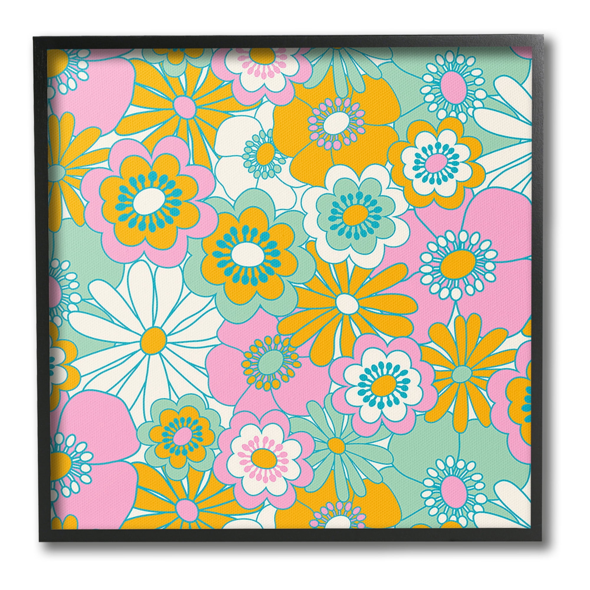 Stupell Industries Groovy Flower Pattern Botanical & Floral Painting Black Framed Art Print Wall Art, 24 x 24