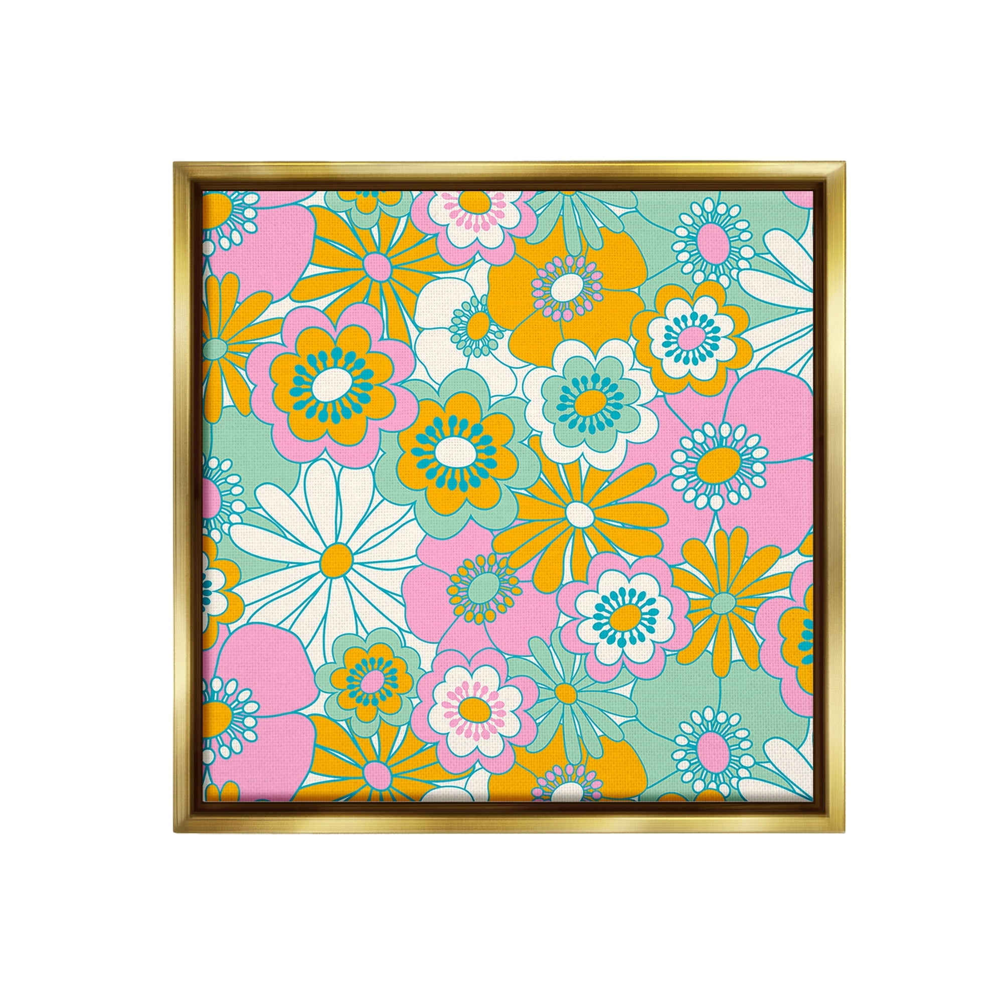 Stupell Industries Groovy Flower Pattern Botanical & Floral Painting Gold Floater Framed Canvas Art Print Wall Art, 18 x 18