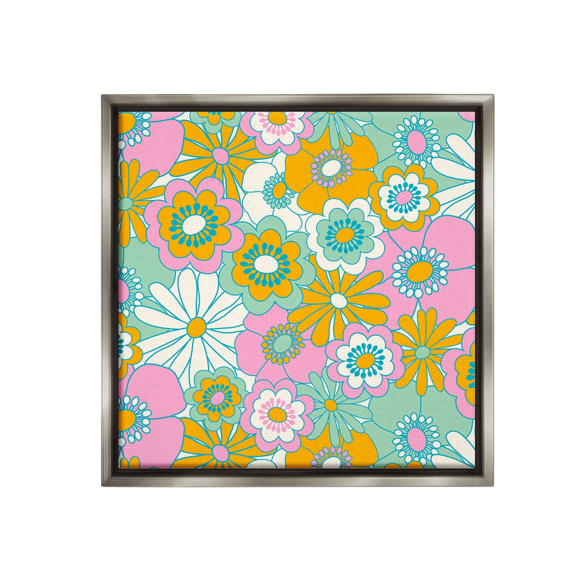Stupell Industries Groovy Flower Pattern Botanical & Floral Painting Gray Floater Framed Canvas Art Print Wall Art, 18 x 18