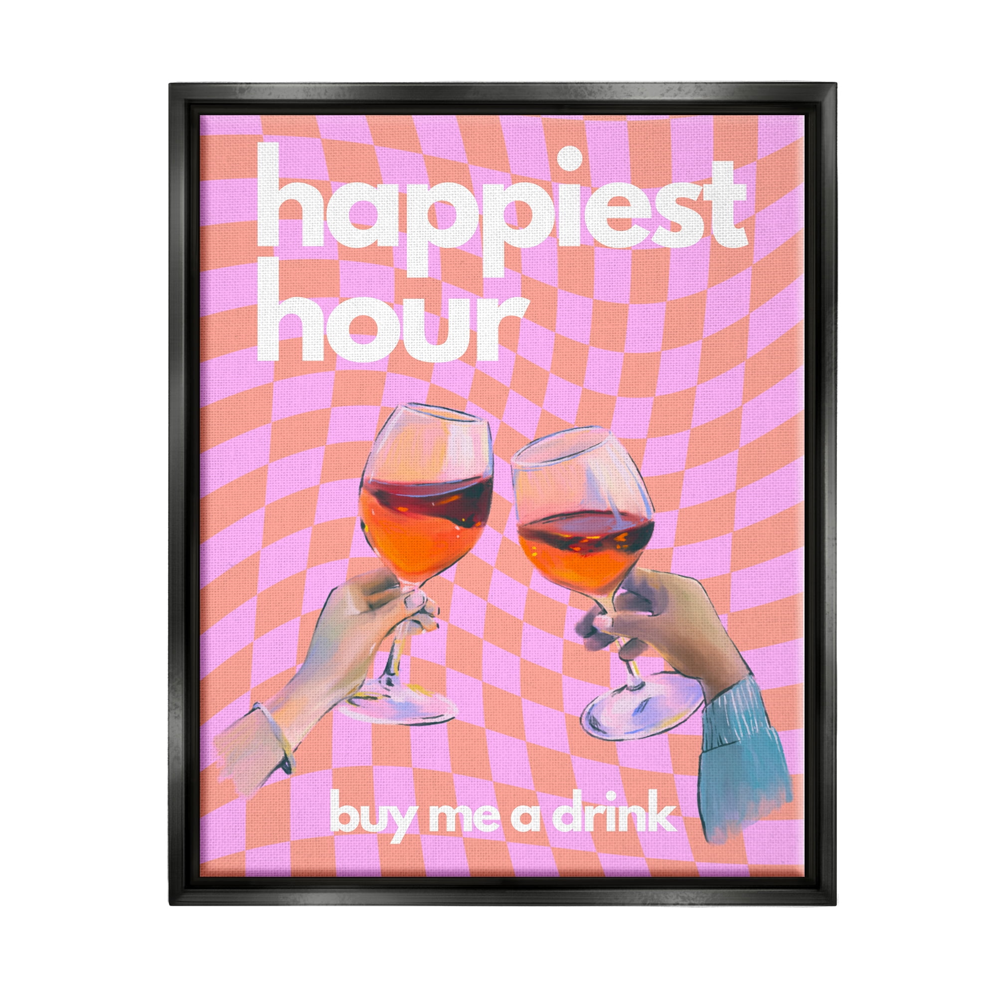 Stupell Industries Groovy Happiest Hour Food & Beverage Painting Black Floater Framed Canvas Art Print Wall Art, 25 x 31
