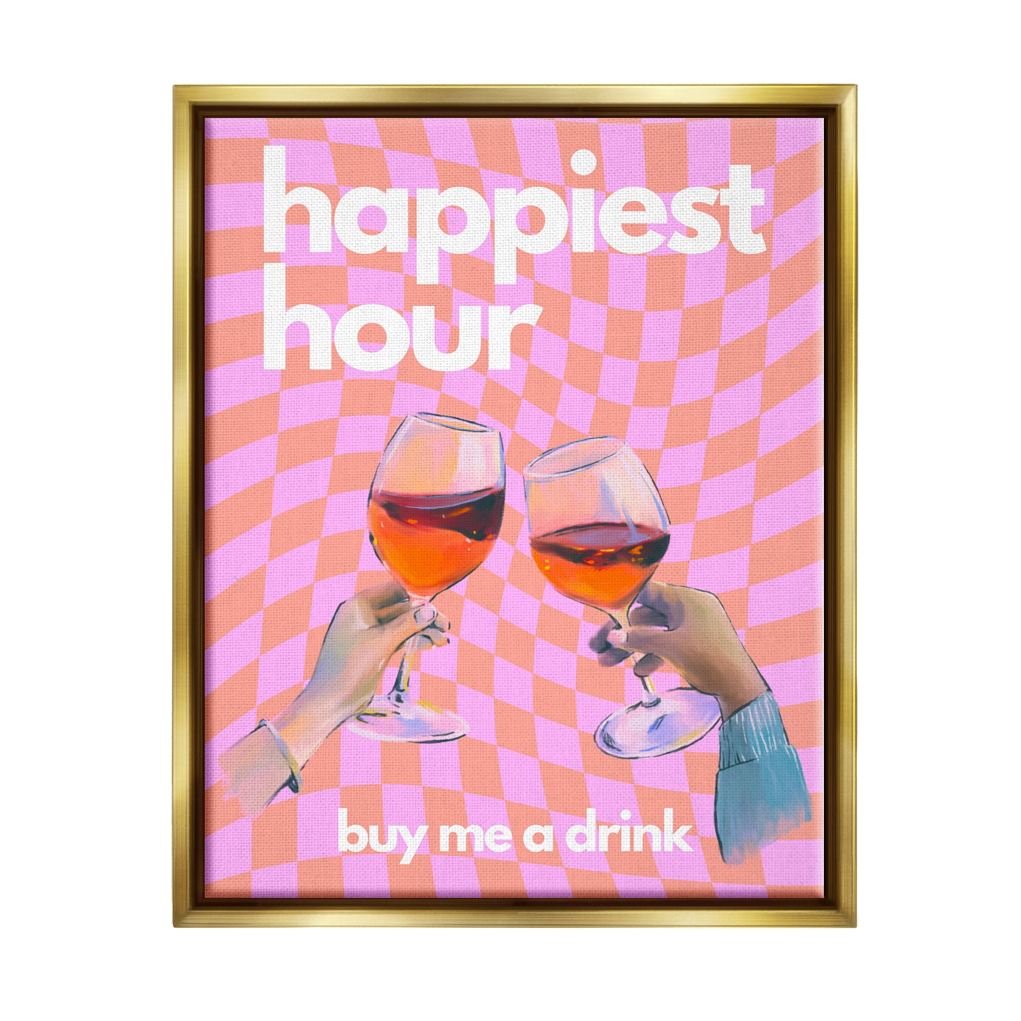 Stupell Industries Groovy Happiest Hour Food & Beverage Painting Gold Floater Framed Canvas Art Print Wall Art, 25 x 31