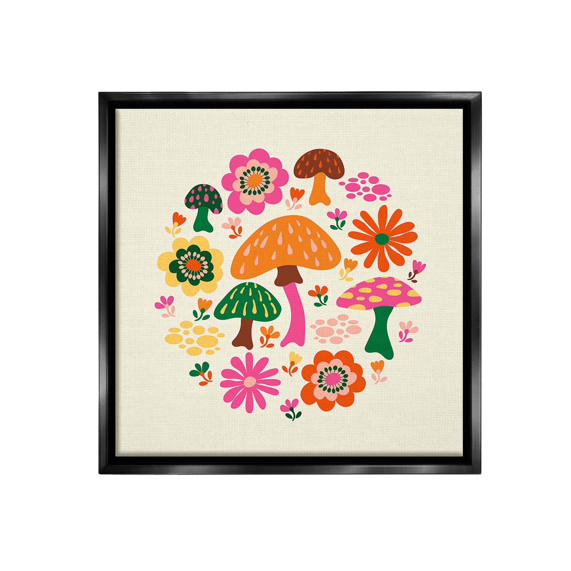 Stupell Industries Groovy Mushrooms & Daisies Botanical & Floral Painting Black Floater Framed Canvas Art Print Wall Art, 18 x 18