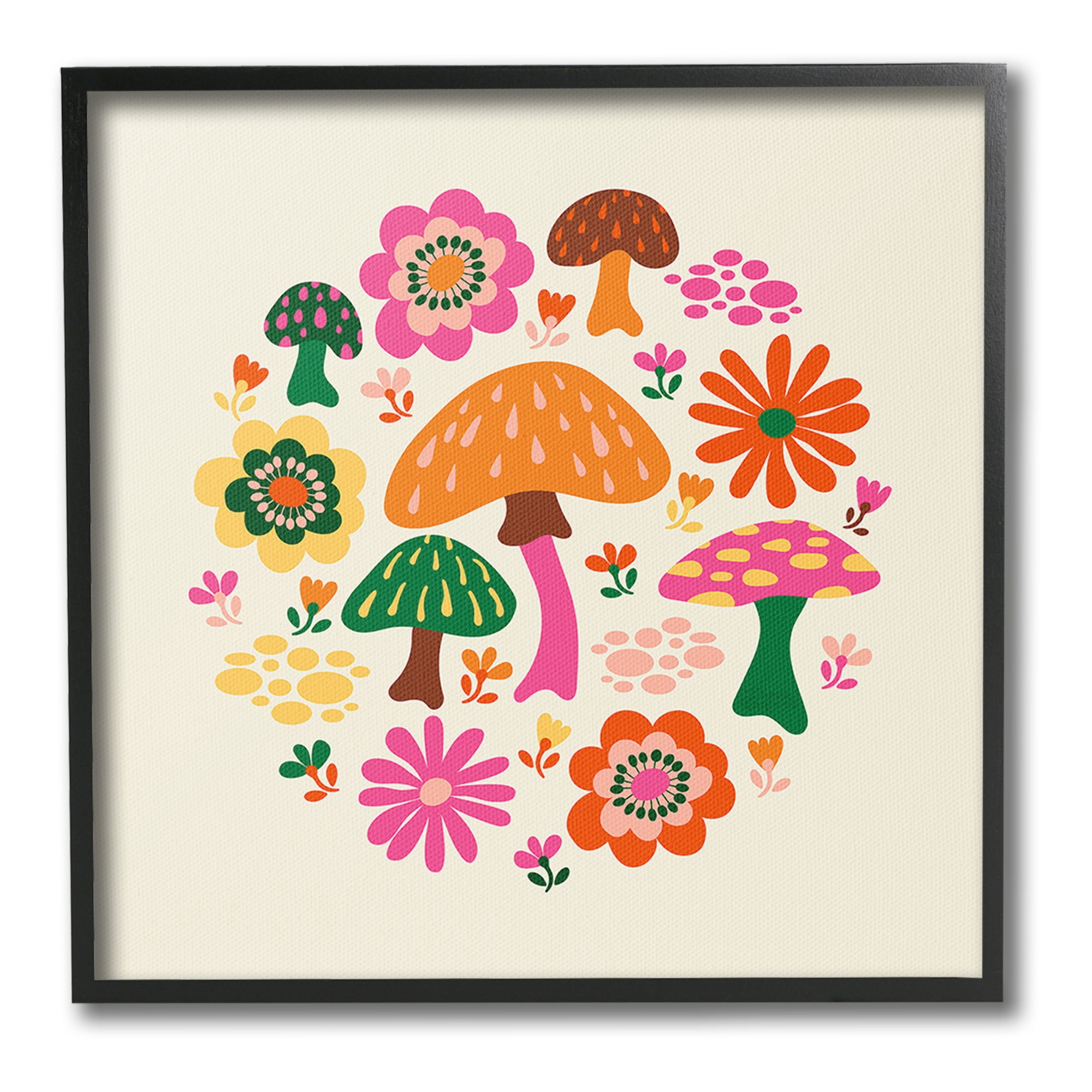 Stupell Industries Groovy Mushrooms & Daisies Botanical & Floral Painting Black Framed Art Print Wall Art, 17 x 17