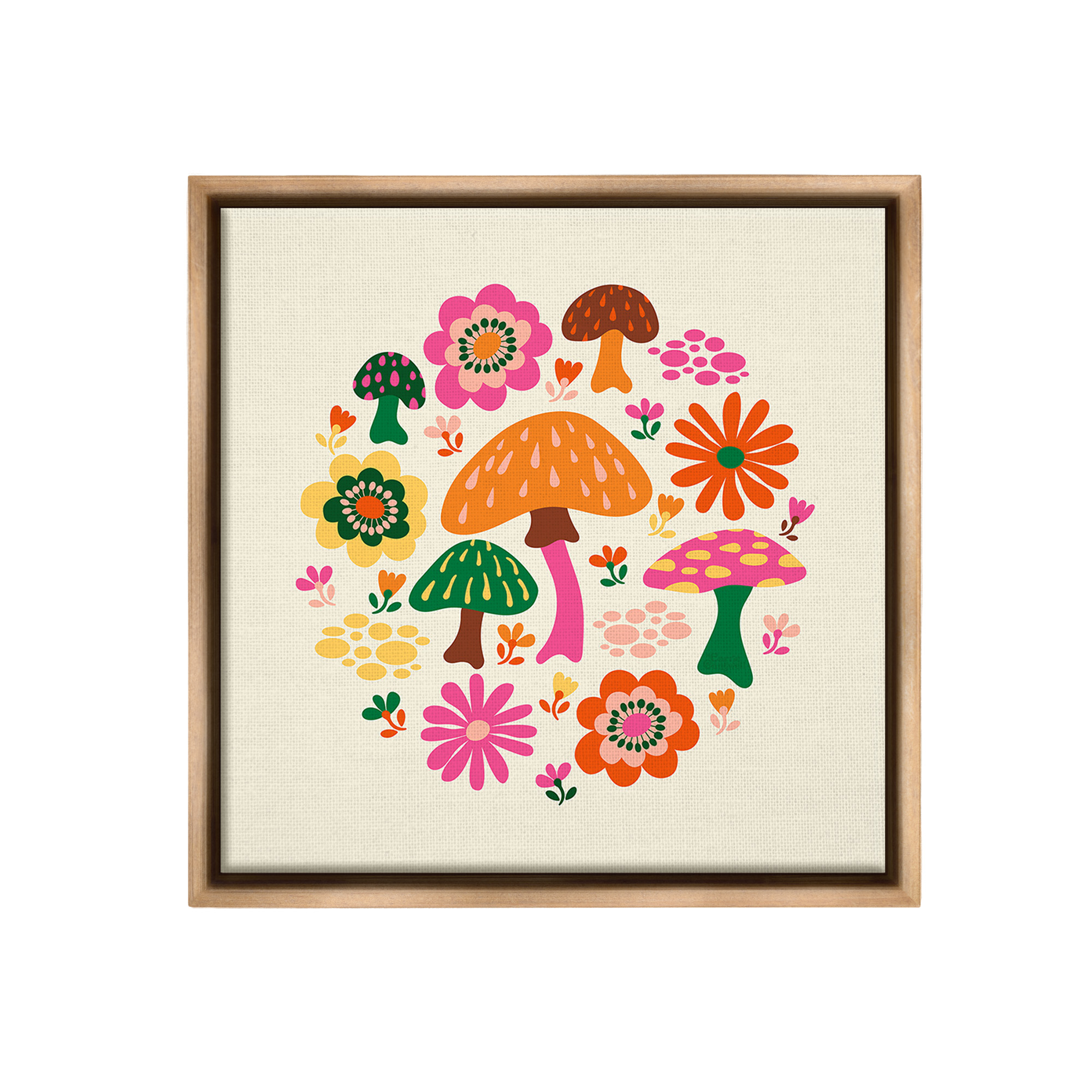 Stupell Industries Groovy Mushrooms & Daisies Botanical & Floral Painting Brown Floater Framed Canvas Art Print Wall Art, 25 x 25