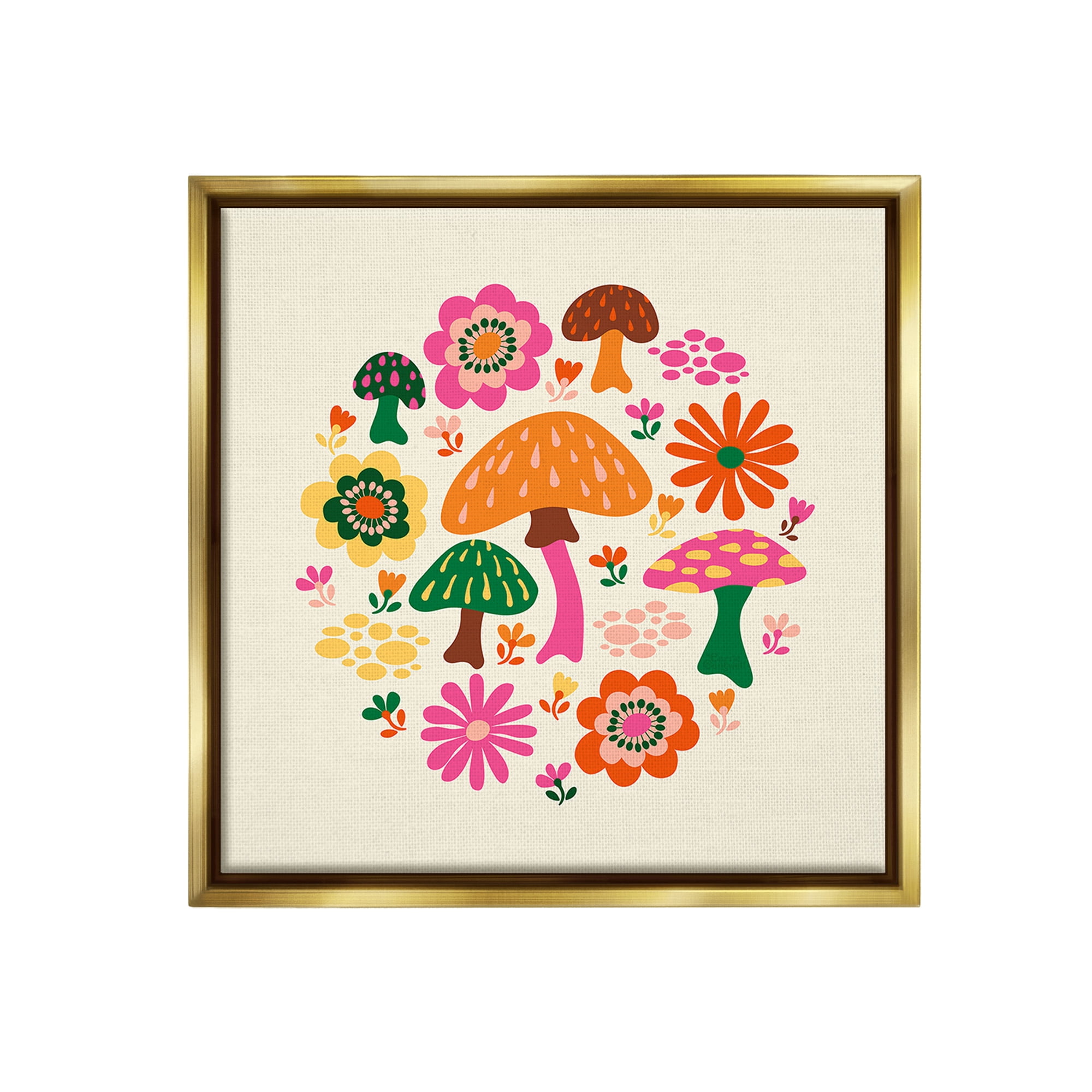 Stupell Industries Groovy Mushrooms & Daisies Botanical & Floral Painting Gold Floater Framed Canvas Art Print Wall Art, 18 x 18