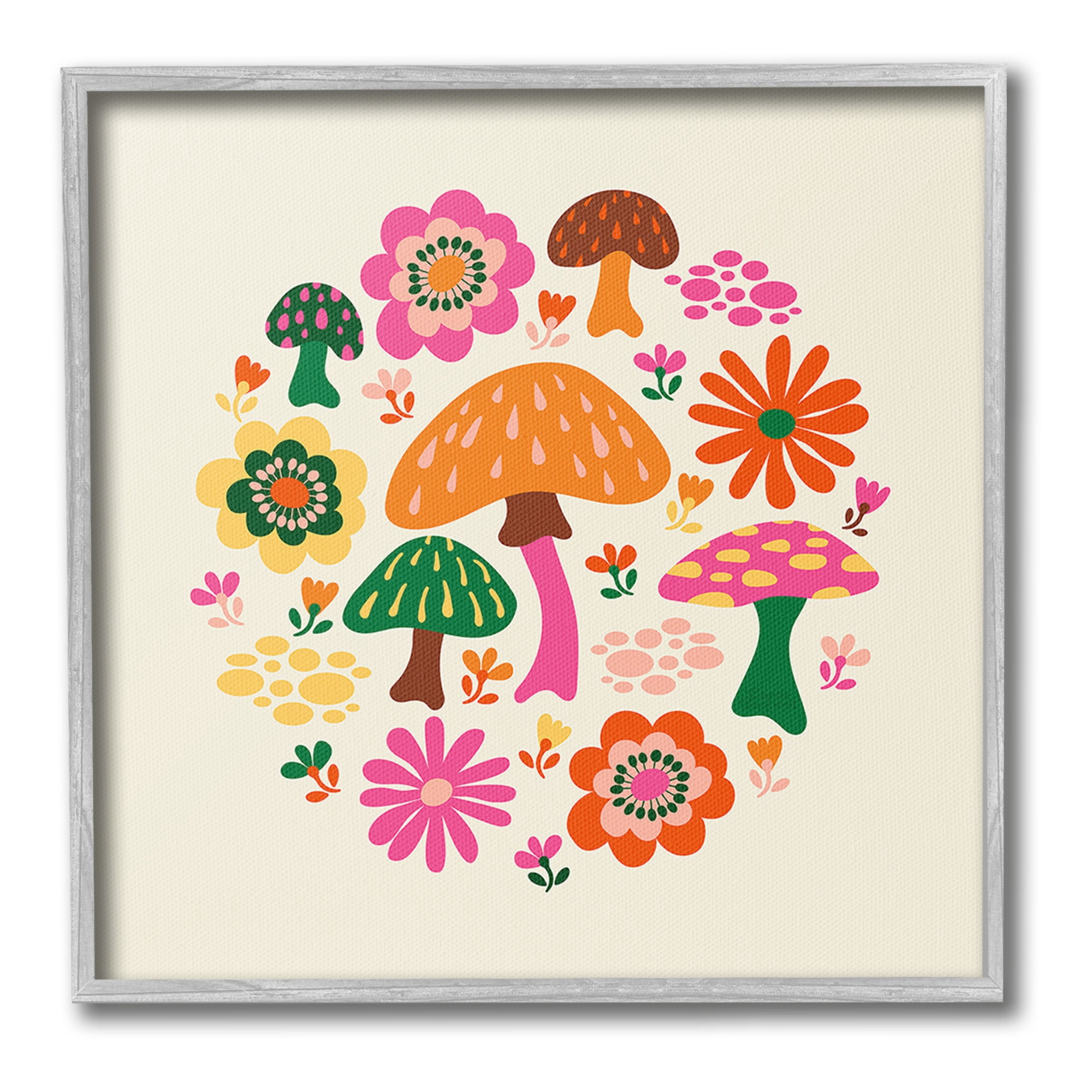 Stupell Industries Groovy Mushrooms & Daisies Botanical & Floral Painting Gray Framed Art Print Wall Art, 17 x 17