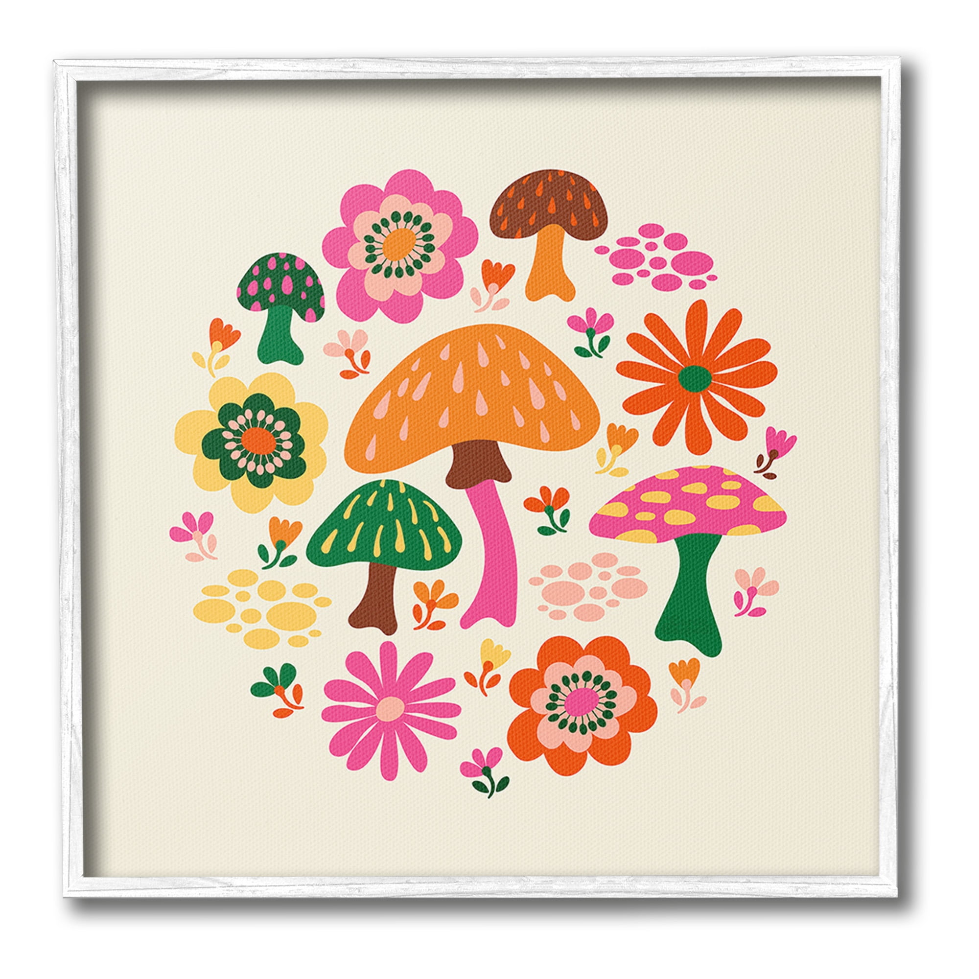 Stupell Industries Groovy Mushrooms & Daisies Botanical & Floral Painting White Framed Art Print Wall Art, 17 x 17