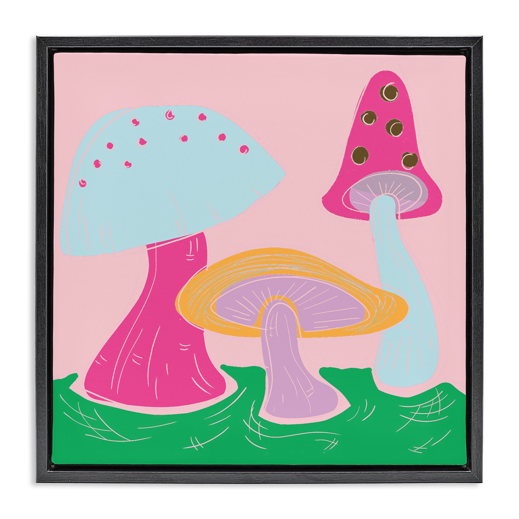 Stupell Industries Groovy Mushrooms Dancing Plants & Flowers Painting Black Floater Framed Canvas Art Print Wall Art, 25 x 25