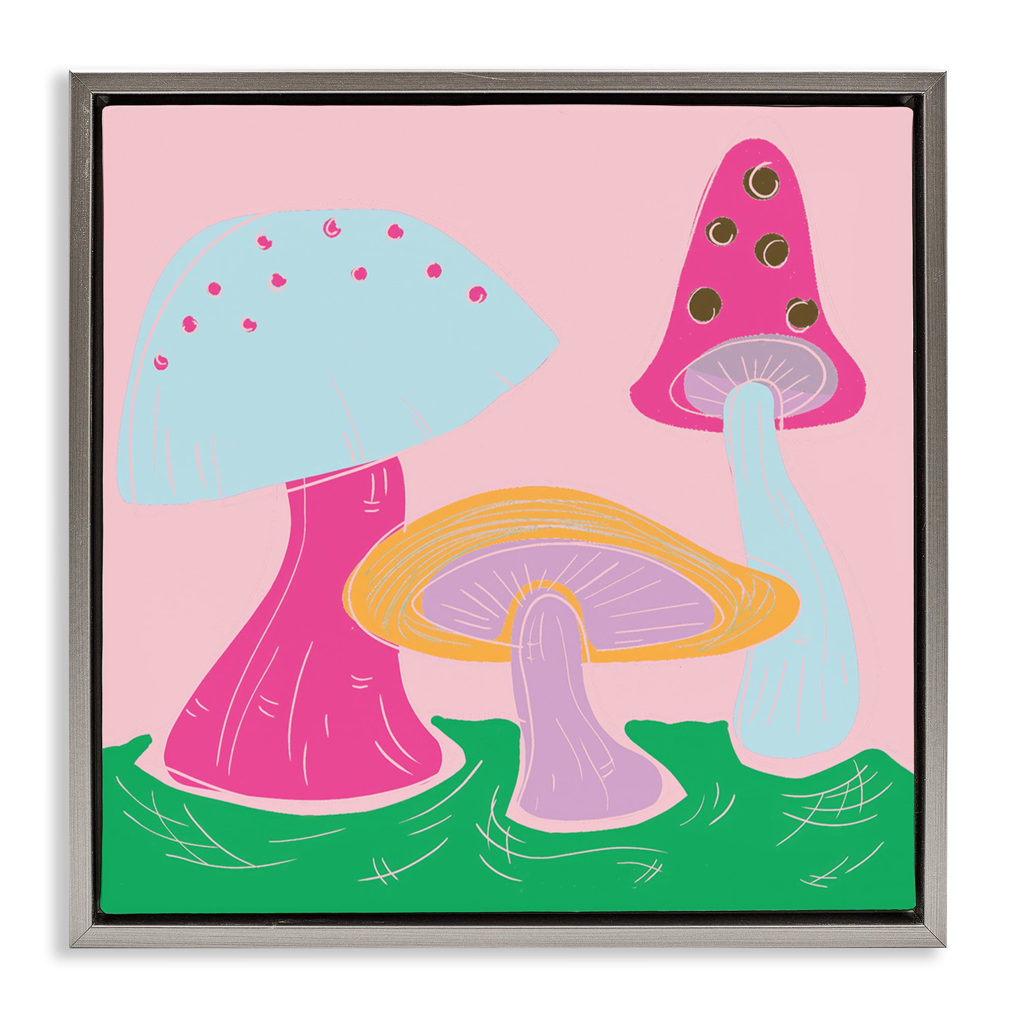 Stupell Industries Groovy Mushrooms Dancing Plants & Flowers Painting Gray Floater Framed Canvas Art Print Wall Art, 18 x 18