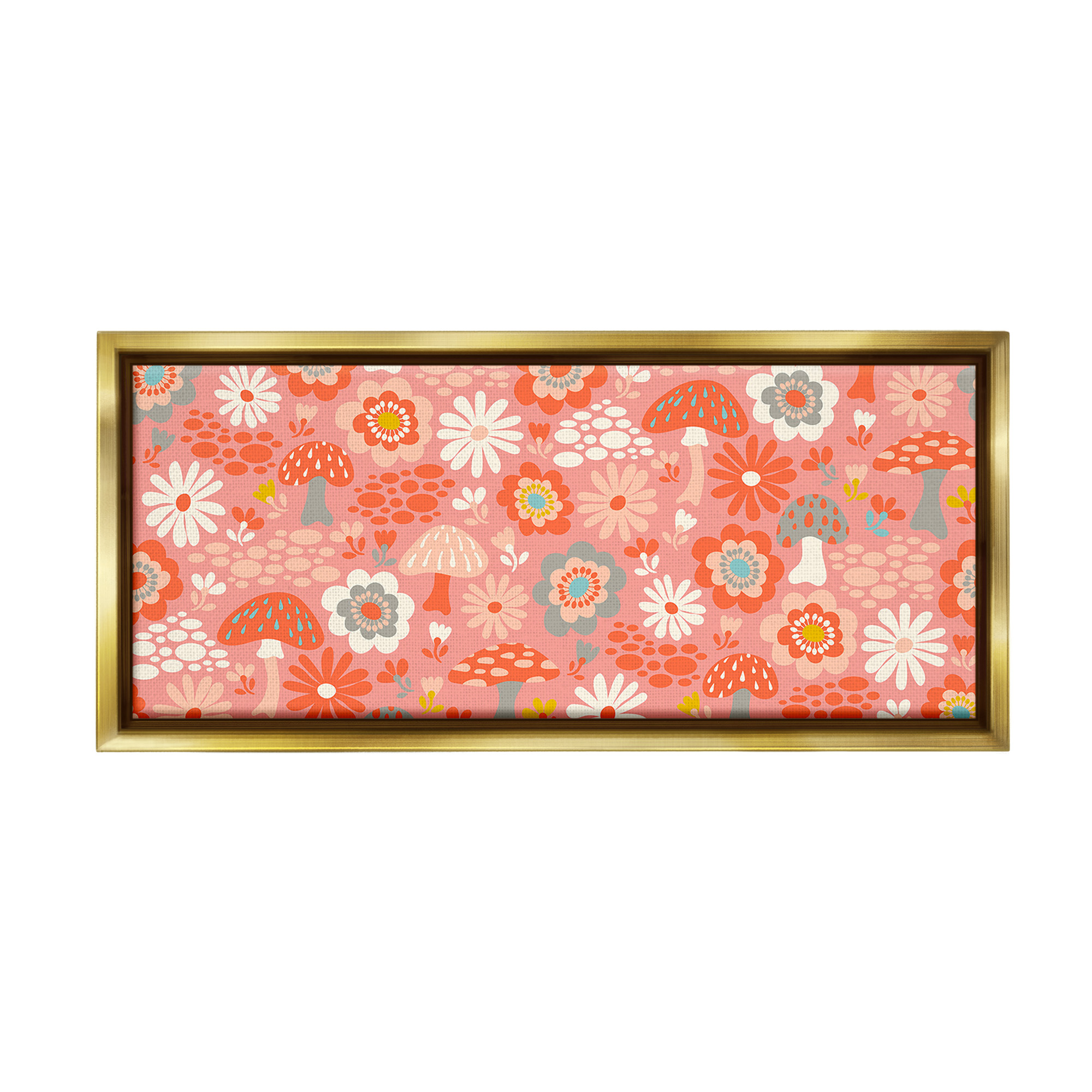 Stupell Industries Groovy Mushrooms & Florals Botanical & Floral Painting Gold Floater Framed Canvas Art Print Wall Art, 25 x 11