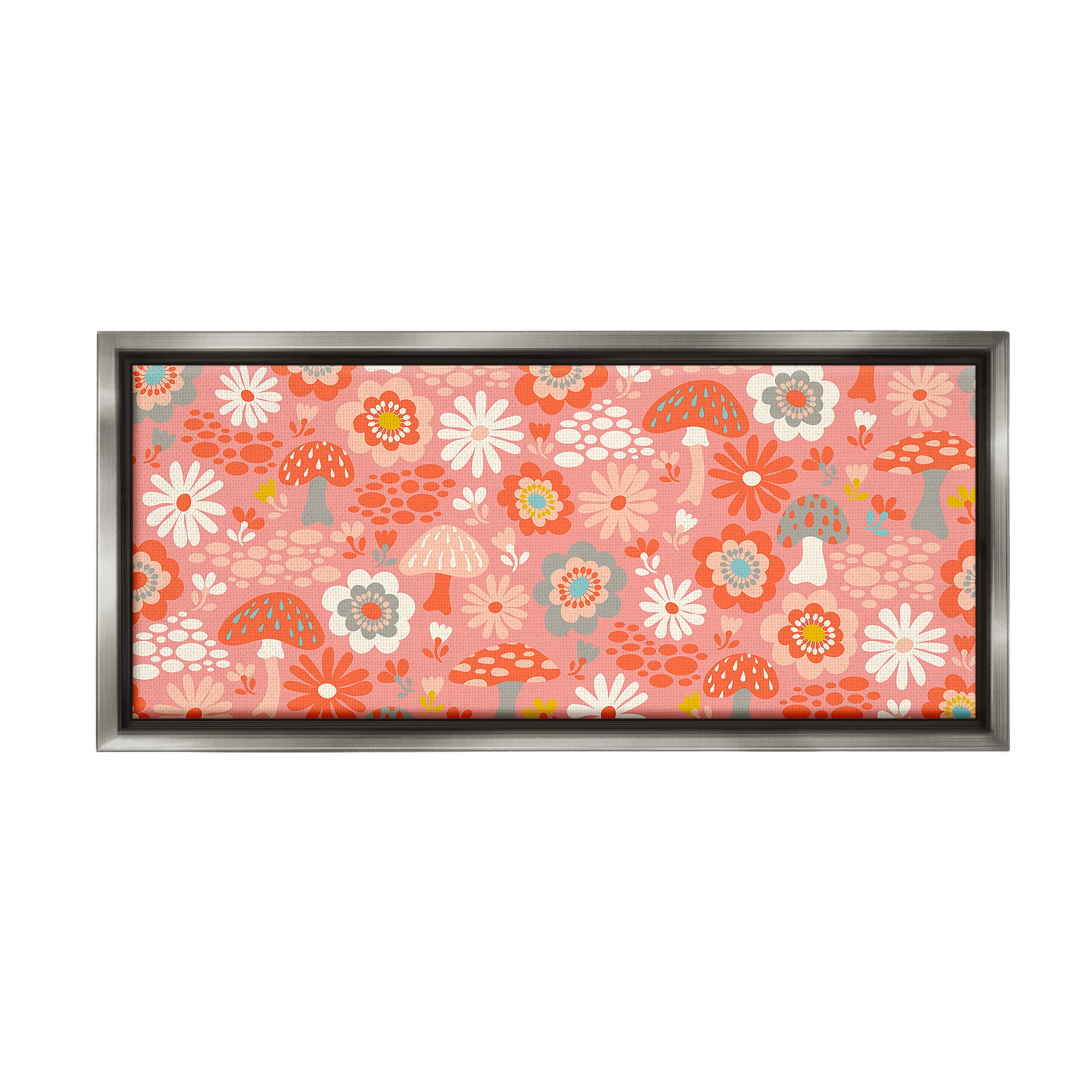Stupell Industries Groovy Mushrooms & Florals Botanical & Floral Painting Gray Floater Framed Canvas Art Print Wall Art, 31 x 14