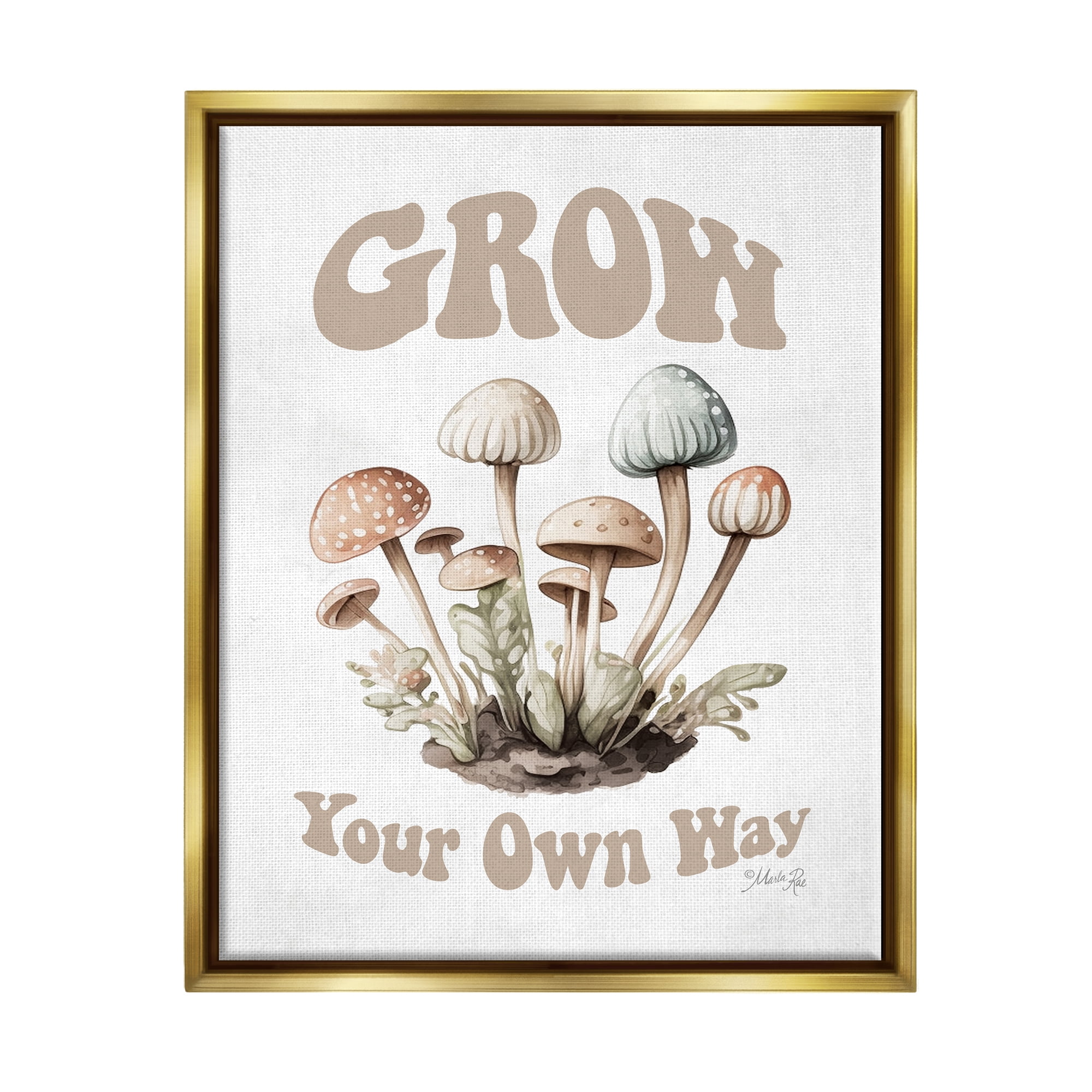 Stupell Industries Groovy Mushrooms Grow Phrase Botanical & Floral Painting Gold Floater Framed Art Print Wall Art, 17 x 21