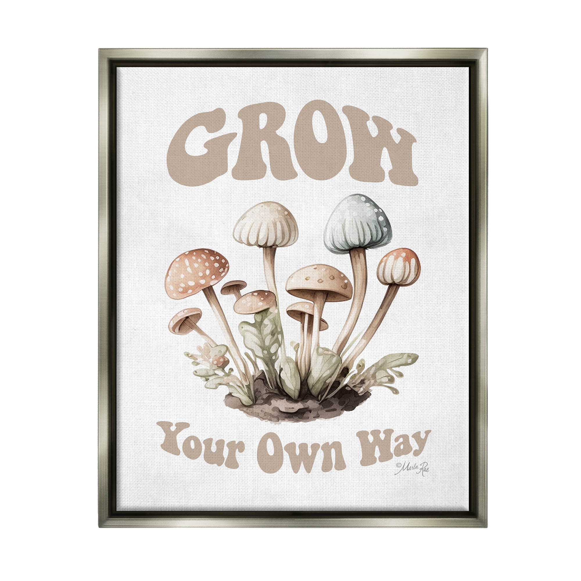 Stupell Industries Groovy Mushrooms Grow Phrase Botanical & Floral Painting Gray Floater Framed Art Print Wall Art, 25 x 31