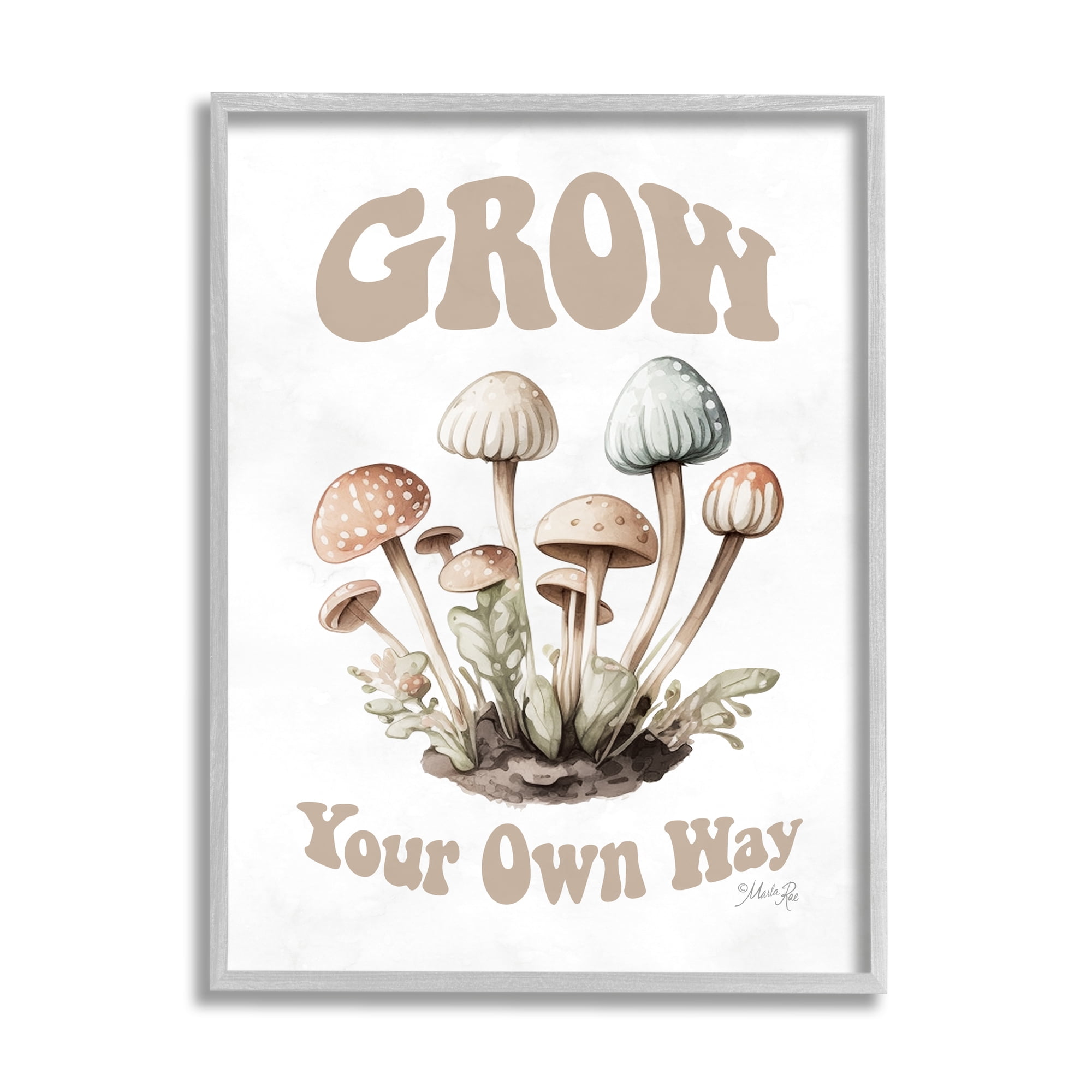 Stupell Industries Groovy Mushrooms Grow Phrase Botanical & Floral Painting Gray Framed Art Print Wall Art, 11 x 14