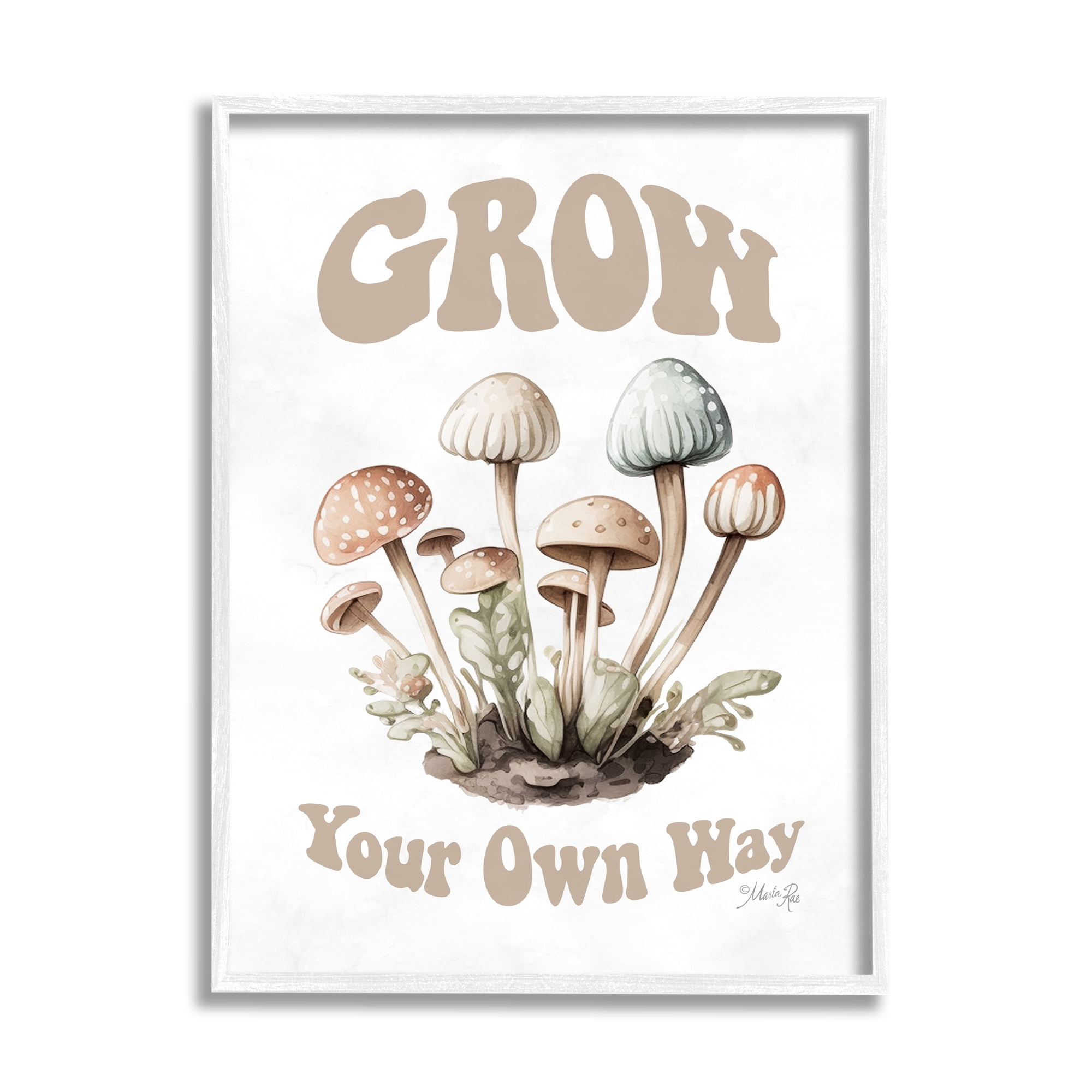 Stupell Industries Groovy Mushrooms Grow Phrase Botanical & Floral Painting White Framed Art Print Wall Art, 24 x 30