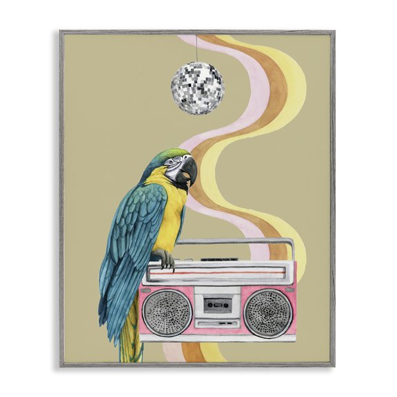 Stupell Industries Bohemian Groovy Parrot Pink Boombox Retro Disco Ball Gray Framed Giclee Art, 11 x 14, by Grace Popp