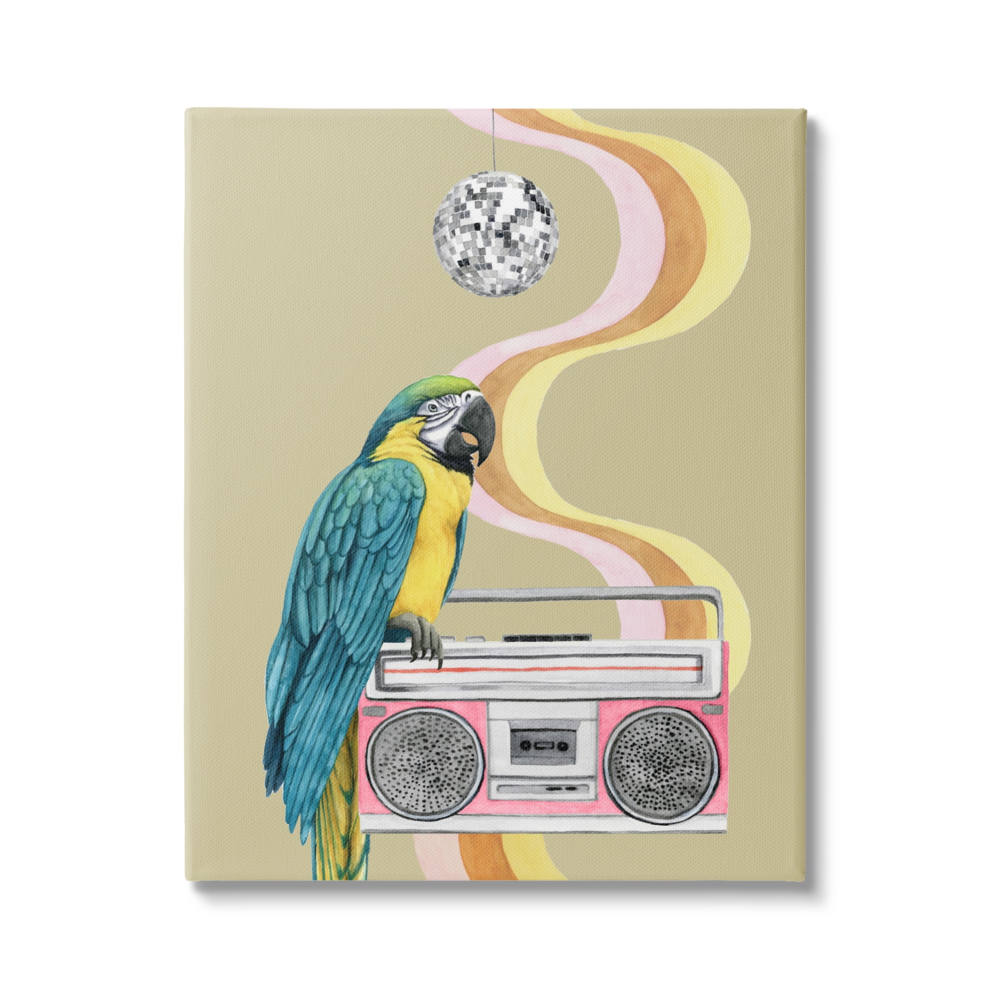 Stupell Industries Groovy Parrot Pink Boombox Retro Disco Ball, 36 x 48, Design by Grace Popp