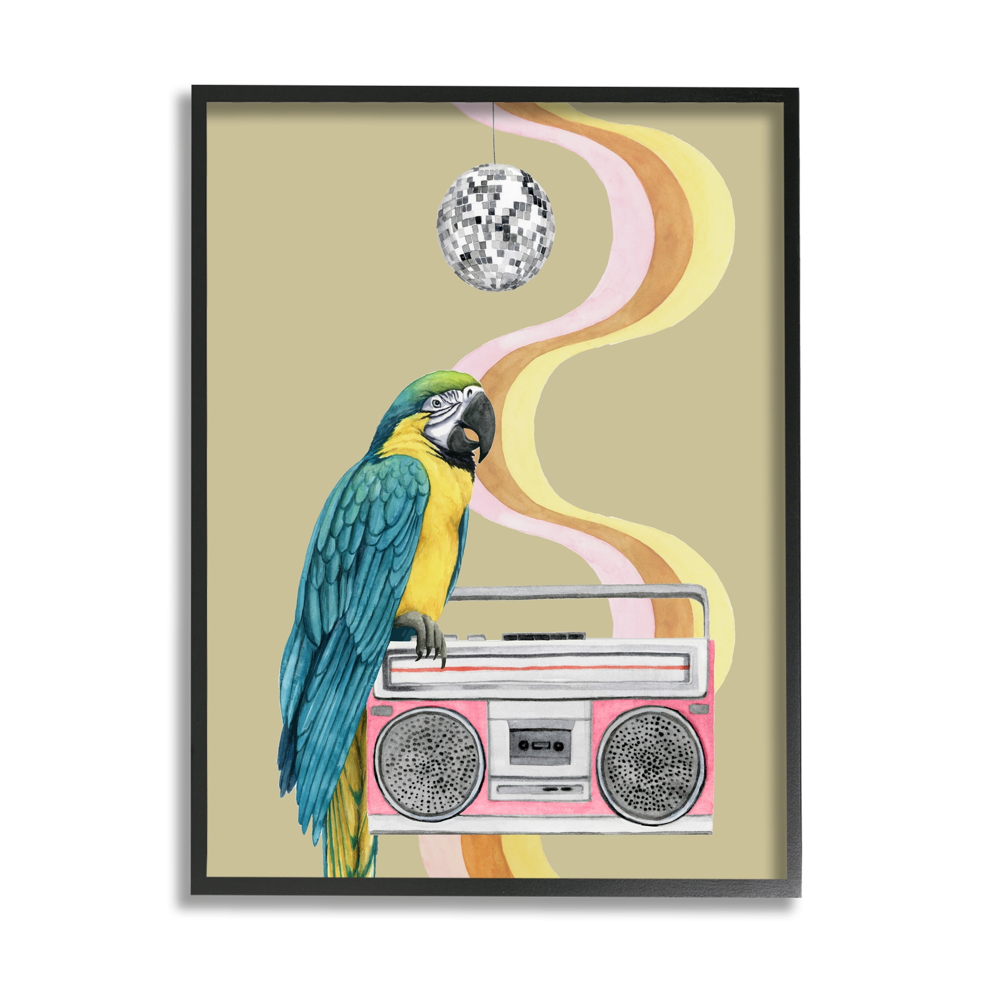 Stupell Industries Groovy Parrot Pink Boombox Retro Disco Ball Graphic Art Black Framed Art Print Wall Art, 11x14, by Grace Popp