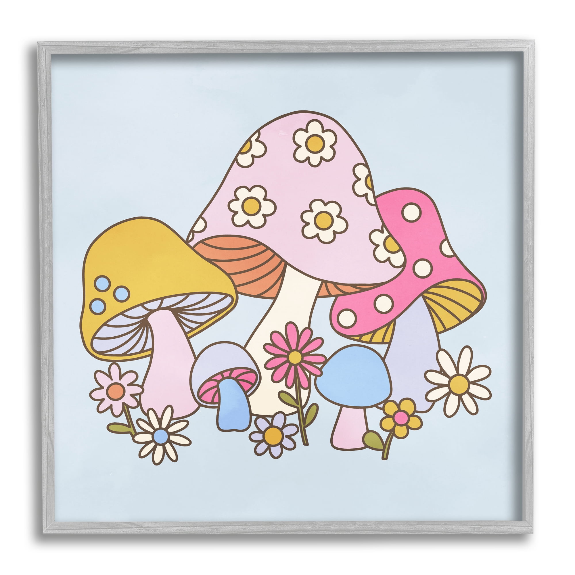 Stupell Industries Groovy Patterned Mushrooms Botanical & Floral Painting Gray Framed Art Print Wall Art, 17 x 17