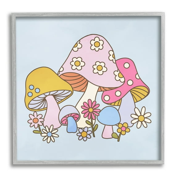Stupell Industries Groovy Patterned Mushrooms Botanical & Floral Painting Gray Framed Art Print Wall Art, 17 x 17