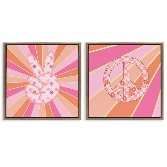 Stupell Industries Groovy Peace Symbols on Stripes Typography and Symbols Painting Brown Floater Framed Canvas Art Print Wall Art, 18 x 18, Set of 2