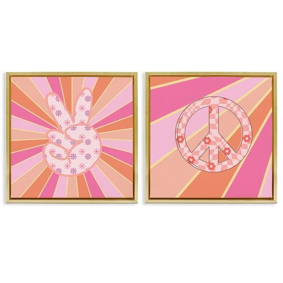 Stupell Industries Groovy Peace Symbols on Stripes Typography and Symbols Painting Gold Floater Framed Canvas Art Print Wall Art, 18 x 18, Set of 2