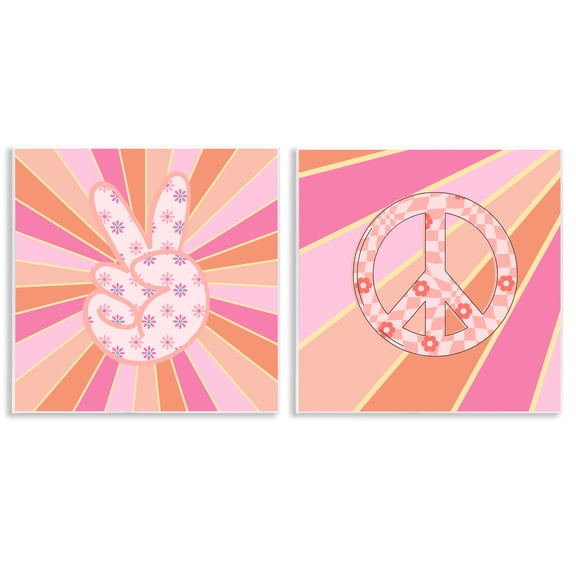 Stupell Industries Groovy Peace Symbols on Stripes Typography and Symbols Painting Unframed Art Print Wall Art, 12 x 12, Set of 2