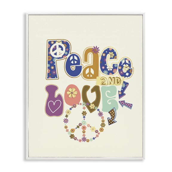 Stupell Industries Eclectic Groovy Peace and Love Sentiments Floral Peace Sign White Framed Giclee Art, 11 x 14, by Jennifer Ellory