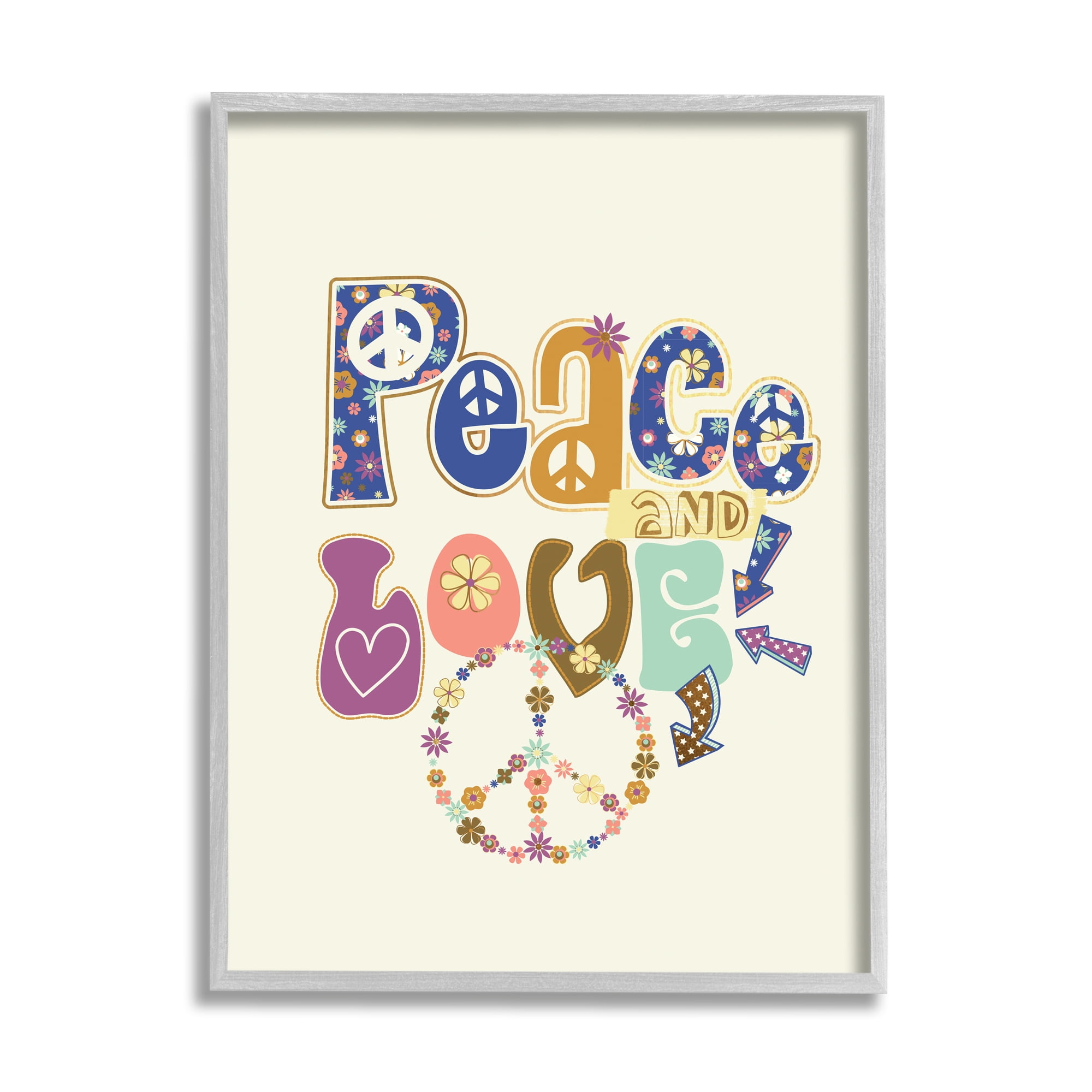 Stupell Industries Groovy Peace and Love Sentiments Floral Peace Sign Graphic Art Gray Framed Art Print Wall Art, 11x14, by Jennifer Ellory