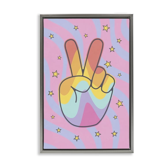 Stupell Industries Groovy Peace with Patterns Abstract Painting Gray Floater Framed Canvas Art Print Wall Art, 17 x 25