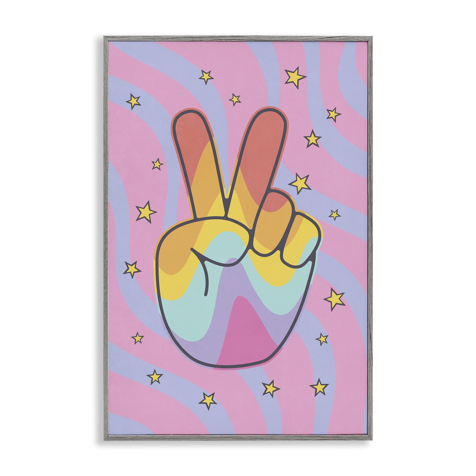Stupell Industries Groovy Peace with Patterns Abstract Painting Gray Framed Art Print Wall Art, 12 x 18